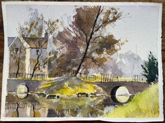 British Impressionist Watercolor of a House and Stone Bridge Over a Stream