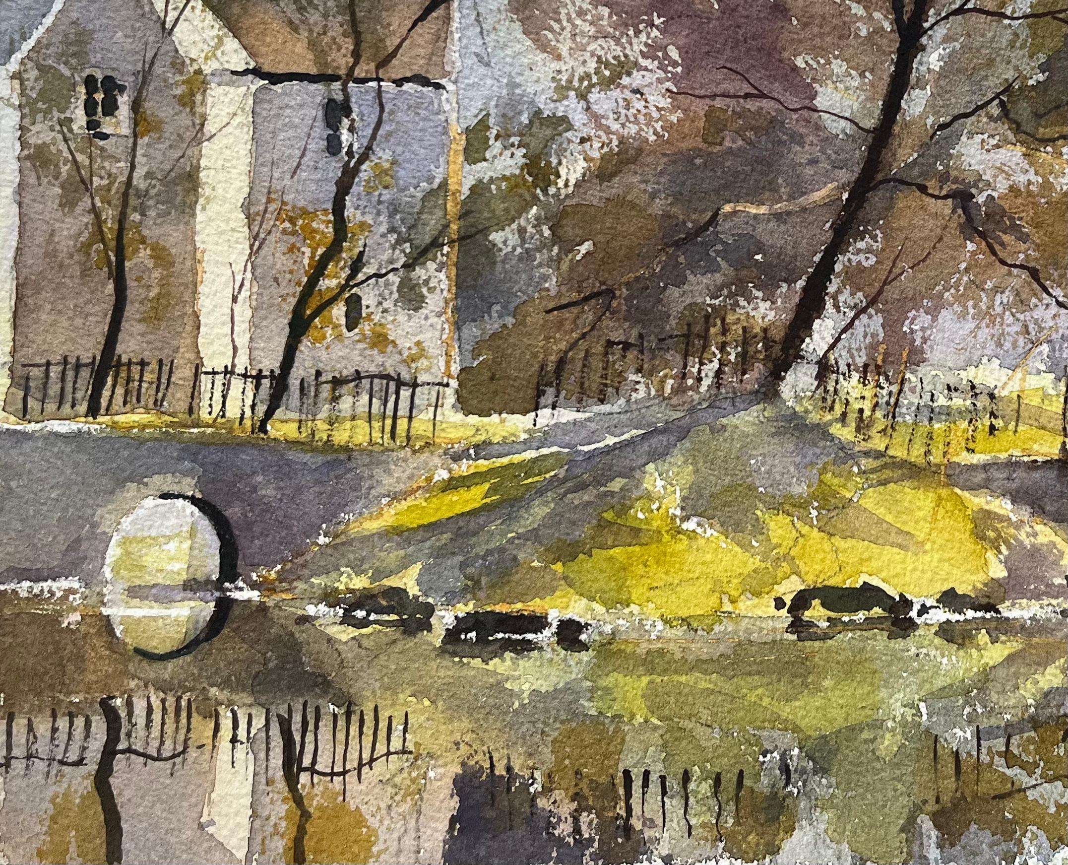 Titel: Britischer Impressionist - Aquarell eines Hauses und einer Steinbrücke über einen Bach
Von Anthony Avery (Brite 1946-2023)
Original-Aquarell auf Künstlerpapier, ungerahmt
Abmessungen: 11 x 15,25 Zoll (Höhe x Breite)
Zustand: Gut, mit leichten