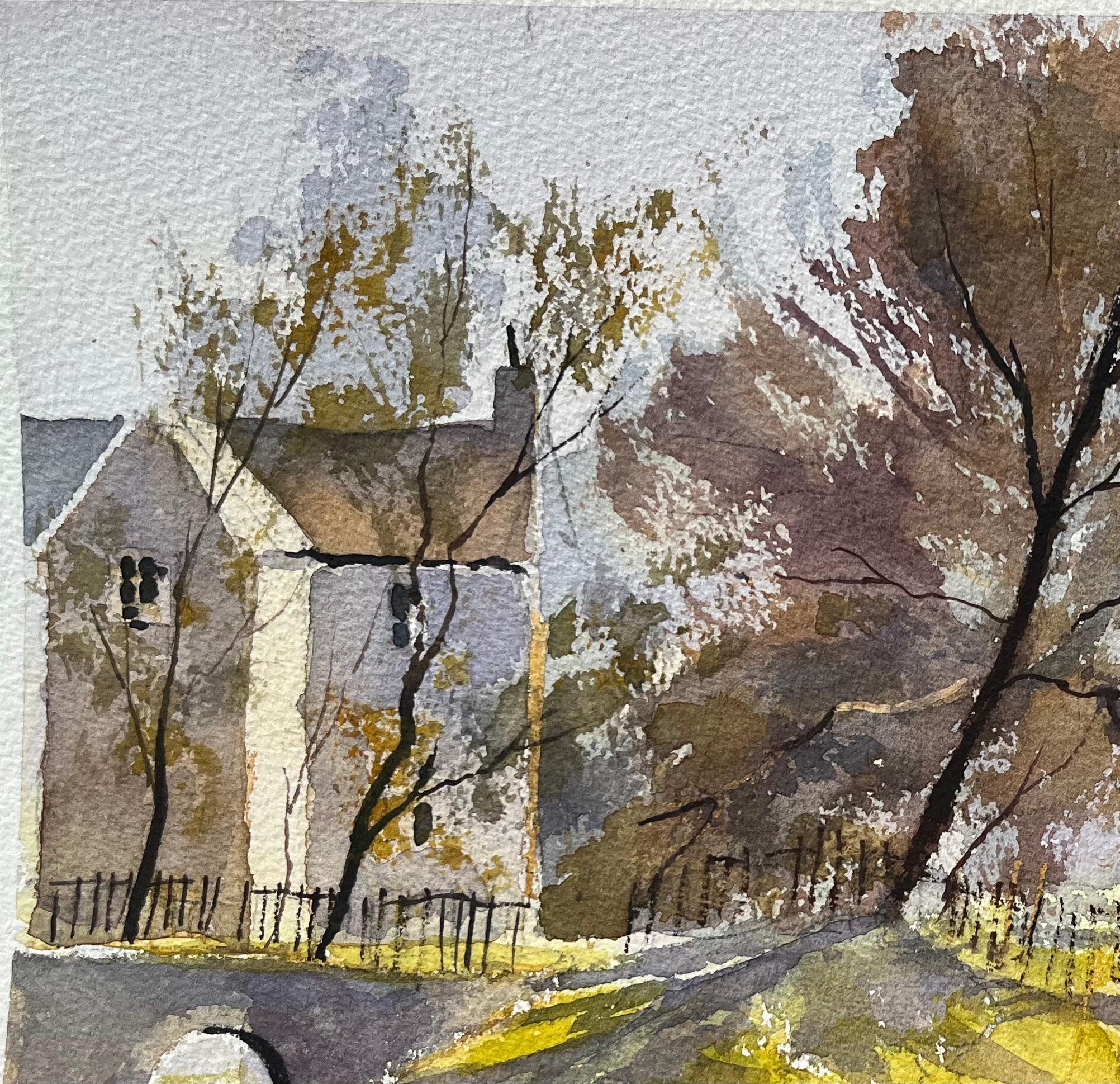 Britisches impressionistisches Aquarell eines Hauses und einer Steinbrücke über einem Fluss im Angebot 1