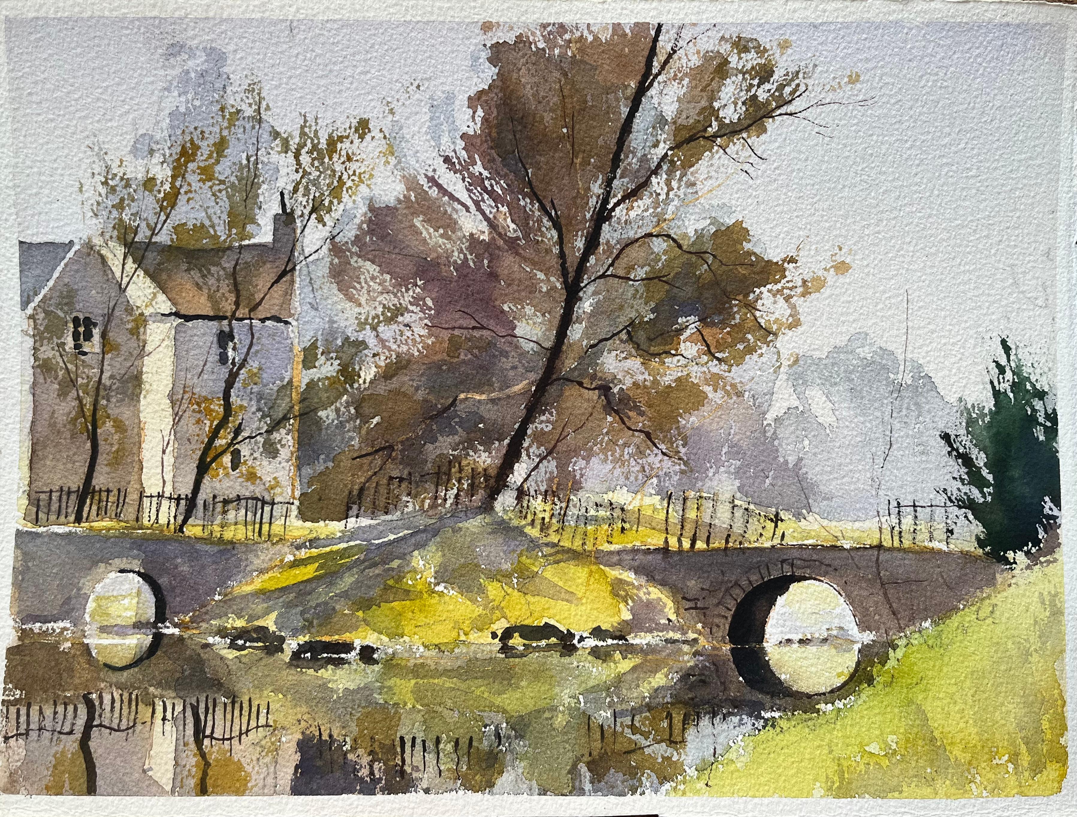 Britisches impressionistisches Aquarell eines Hauses und einer Steinbrücke über einem Fluss