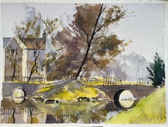 British Impressionist Watercolor of a House and Stone Bridge Over a Stream