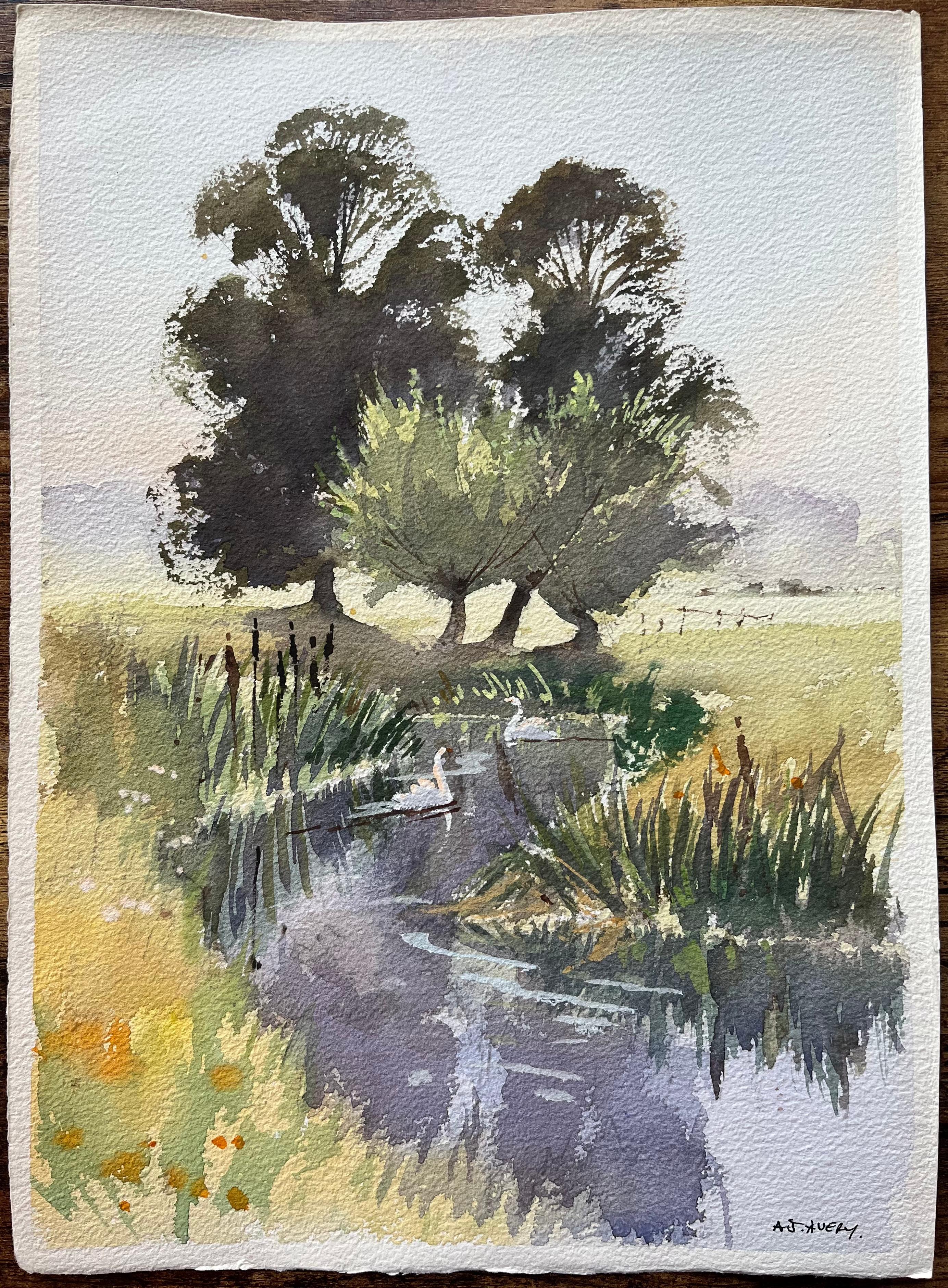 Acquerello impressionista britannico di un'idilliaca scena di fiume con cigni - Painting di Anthony Avery