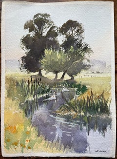 British Impressionist Watercolor of a Idyllic Riverside Scene with Swans