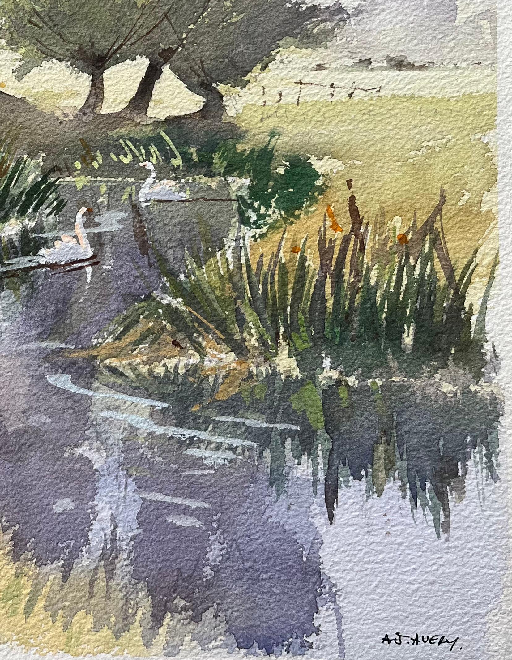 Acquerello impressionista britannico di un'idilliaca scena di fiume con cigni - Painting Impressionismo di Anthony Avery