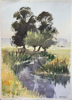 Britischer Impressionist Aquarell einer idyllischen Flussszene mit Schwänen