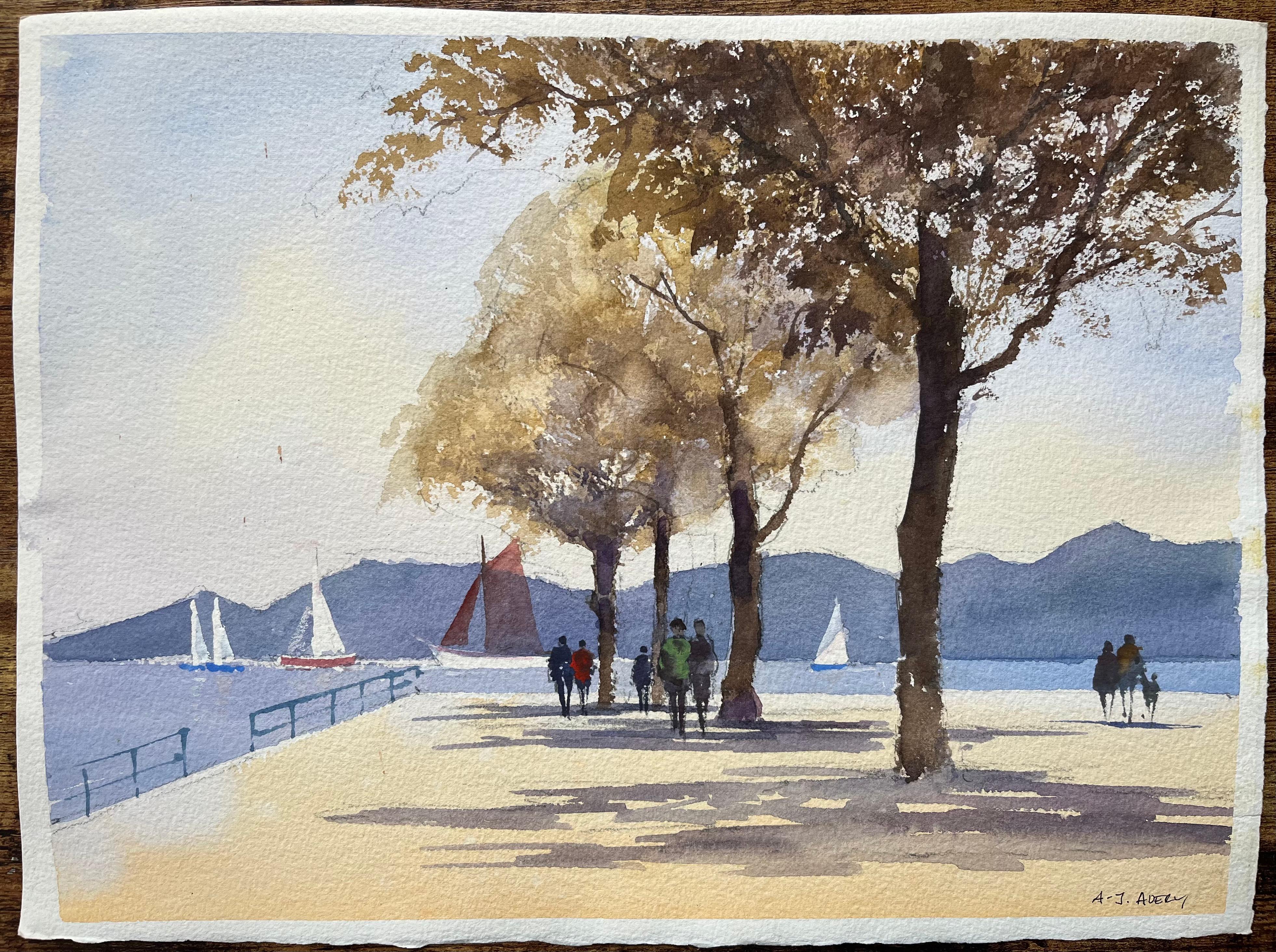 Acuarela impresionista británica de un paseo lacustre con veleros - Painting de Anthony Avery