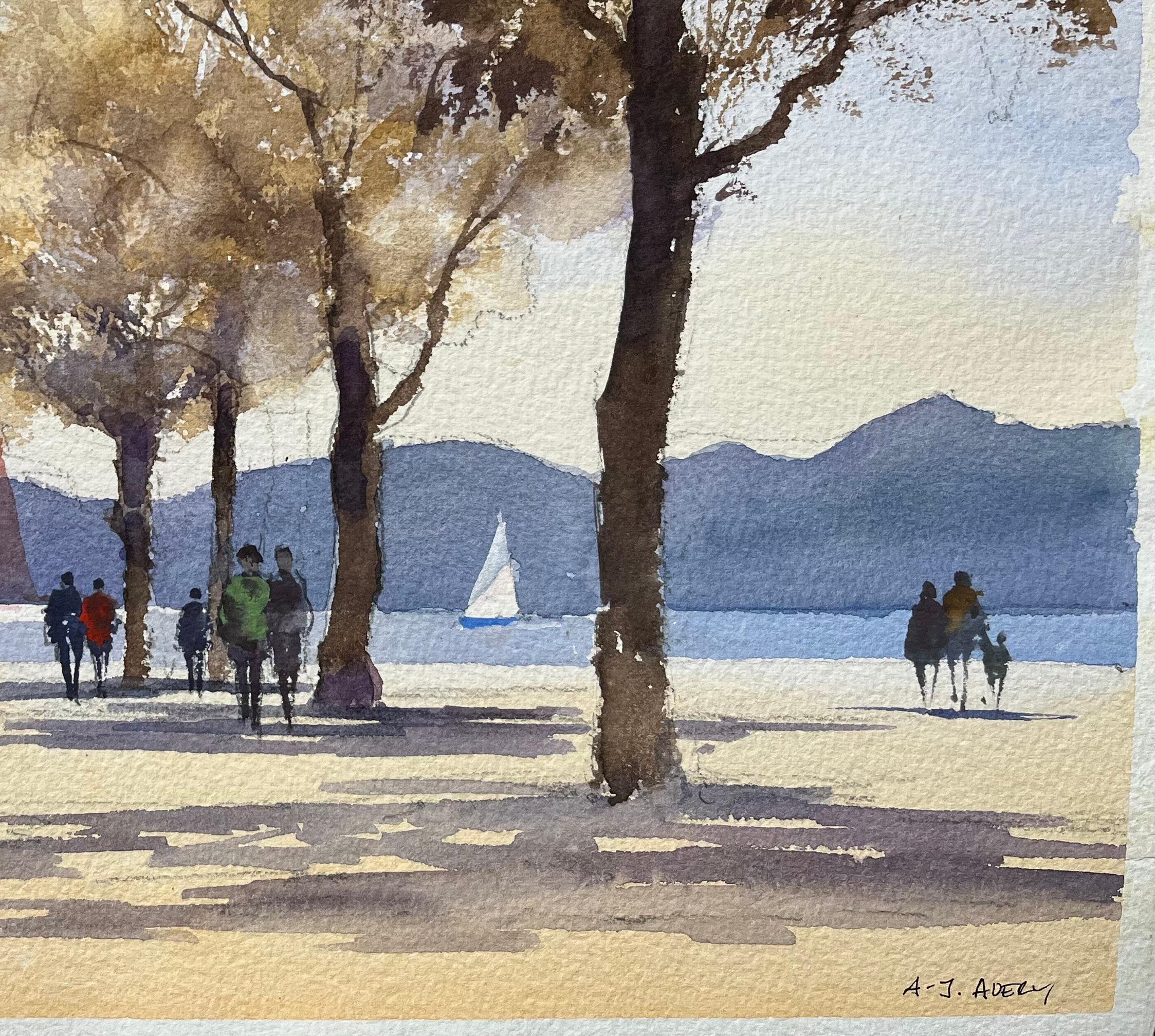 Acuarela impresionista británica de un paseo lacustre con veleros - Painting Impresionista de Anthony Avery