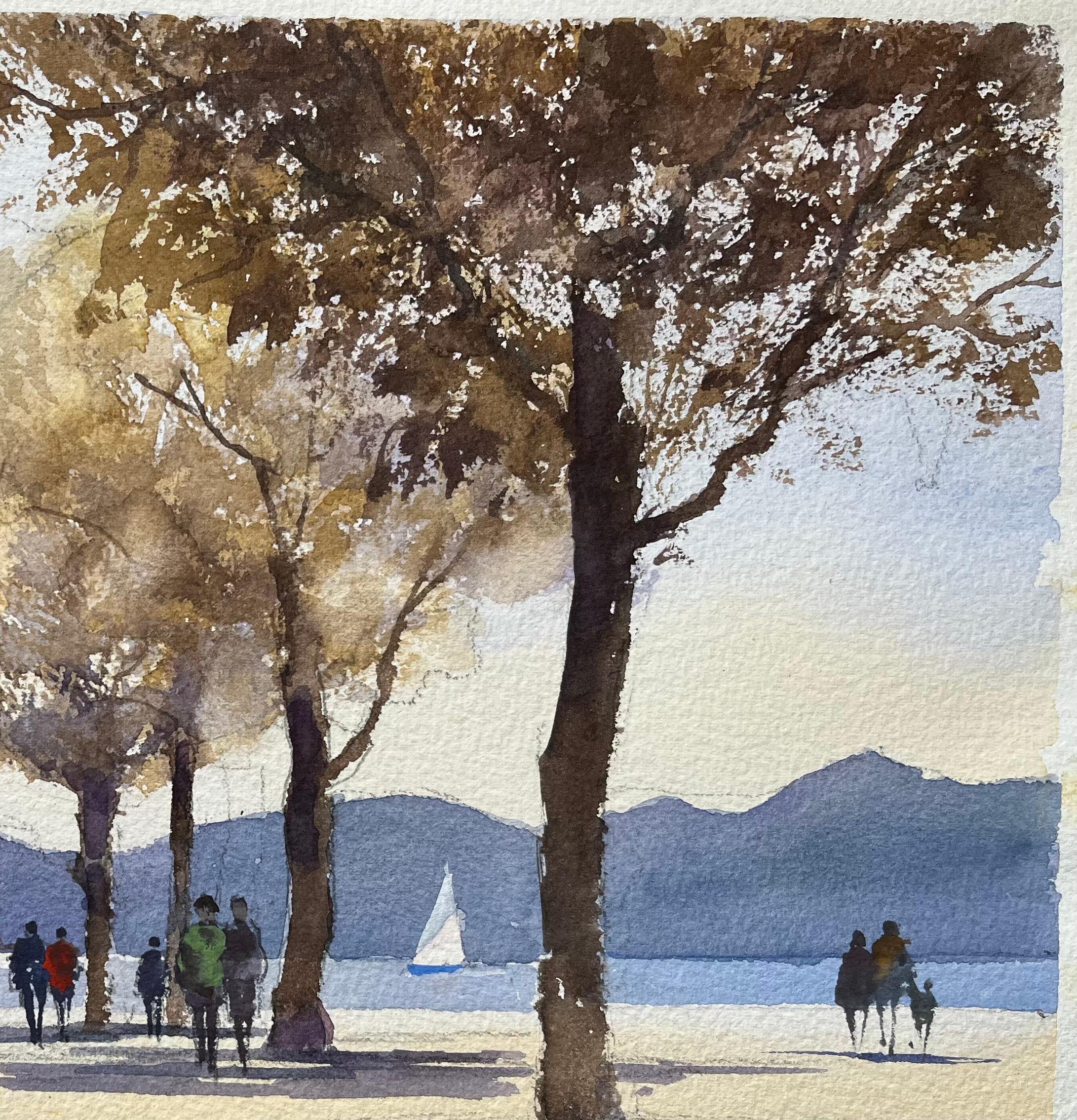 Acuarela impresionista británica de un paseo lacustre con veleros - Landscape Painting Gris de Anthony Avery