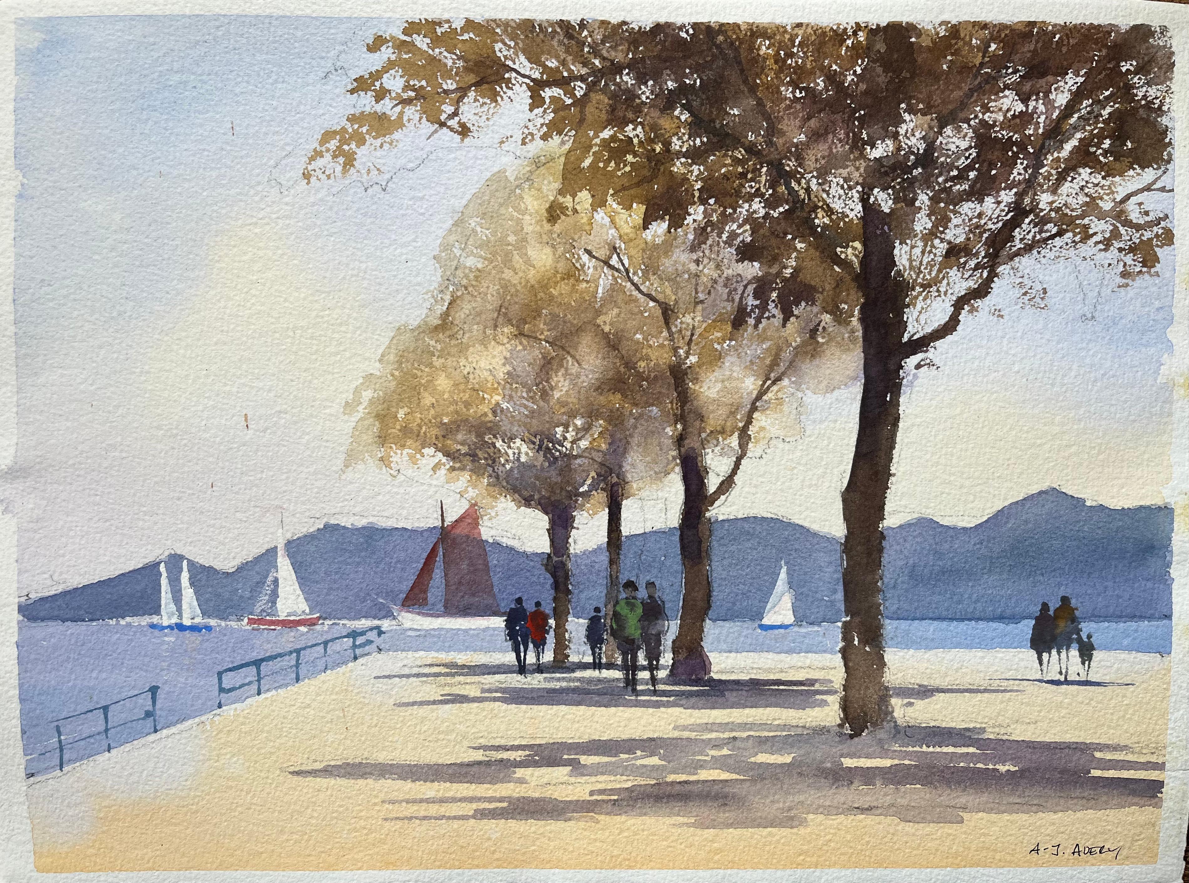 Landscape Painting de Anthony Avery - Acuarela impresionista británica de un paseo lacustre con veleros