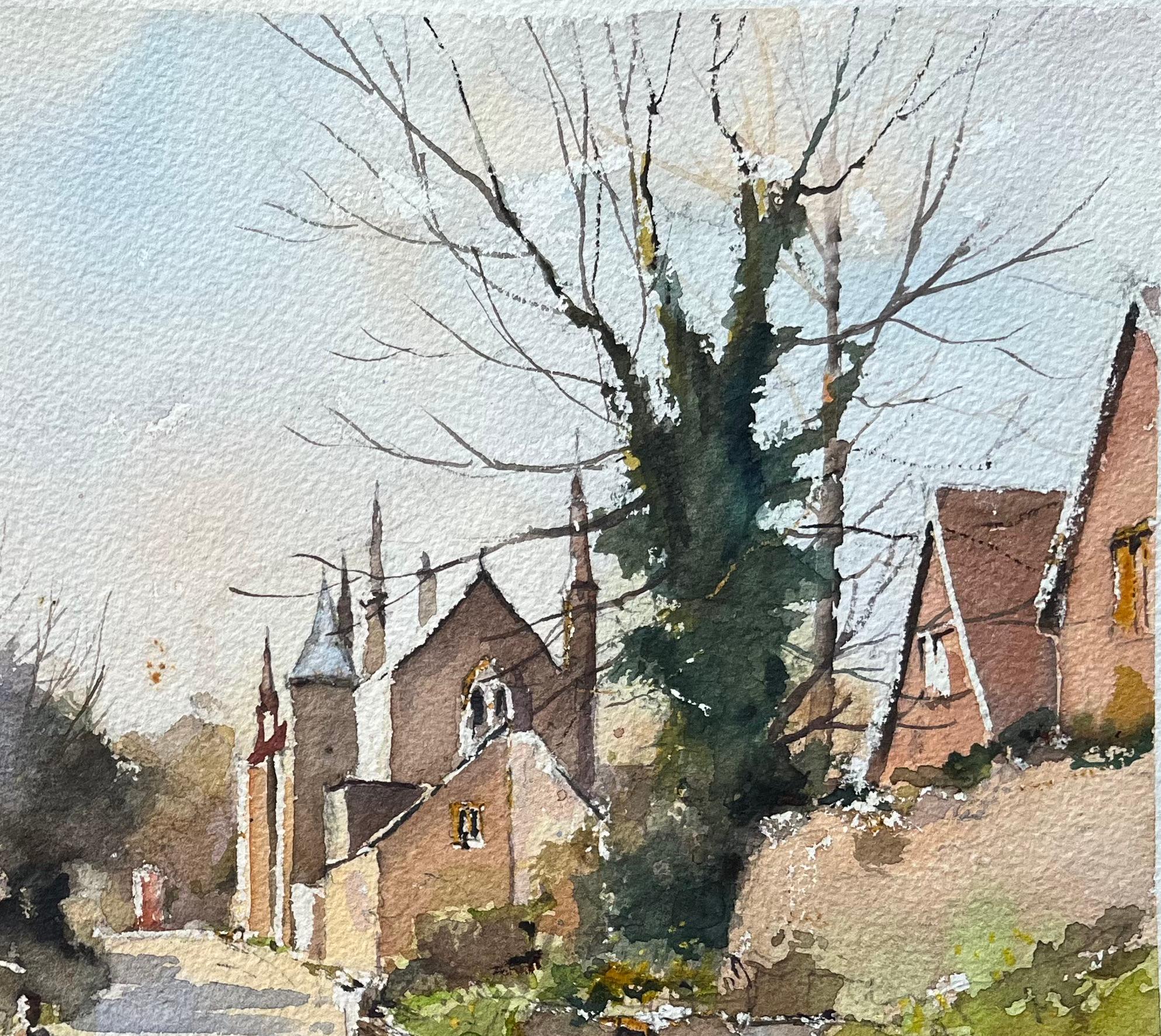 Titel: Aquarell eines britischen Impressionisten mit einer einsamen Figur, die eine Dorfstraße entlanggeht
Von Anthony Avery (Brite 1946-2023)
Original-Aquarell auf Künstlerpapier, ungerahmt
Abmessungen: 11 x 15,25 Zoll (Höhe x Breite)
Zustand: Gut,