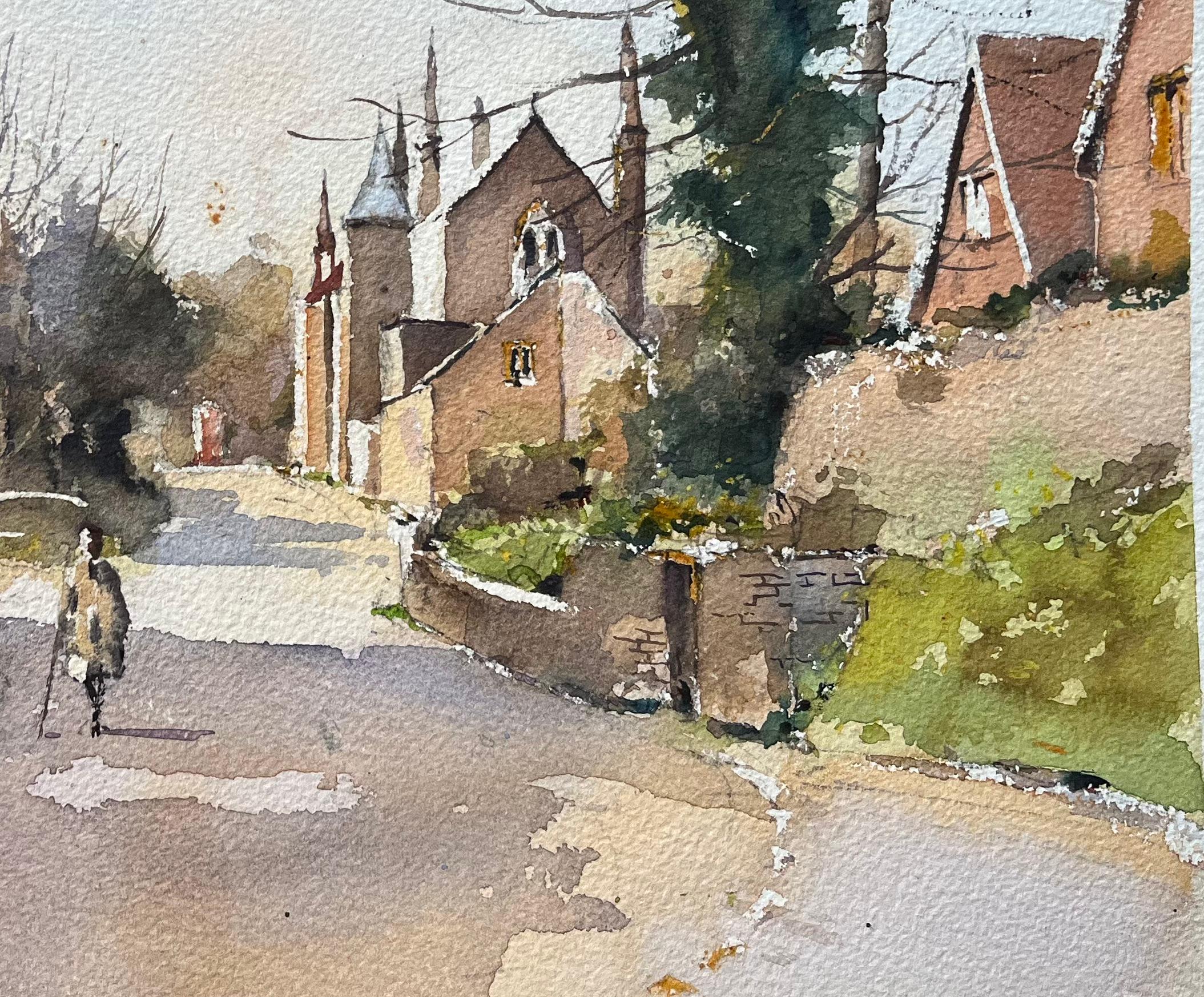 Britischer Impressionist Aquarell einer einsamen Figur zu Fuß entlang einer Dorfstraße im Angebot 1