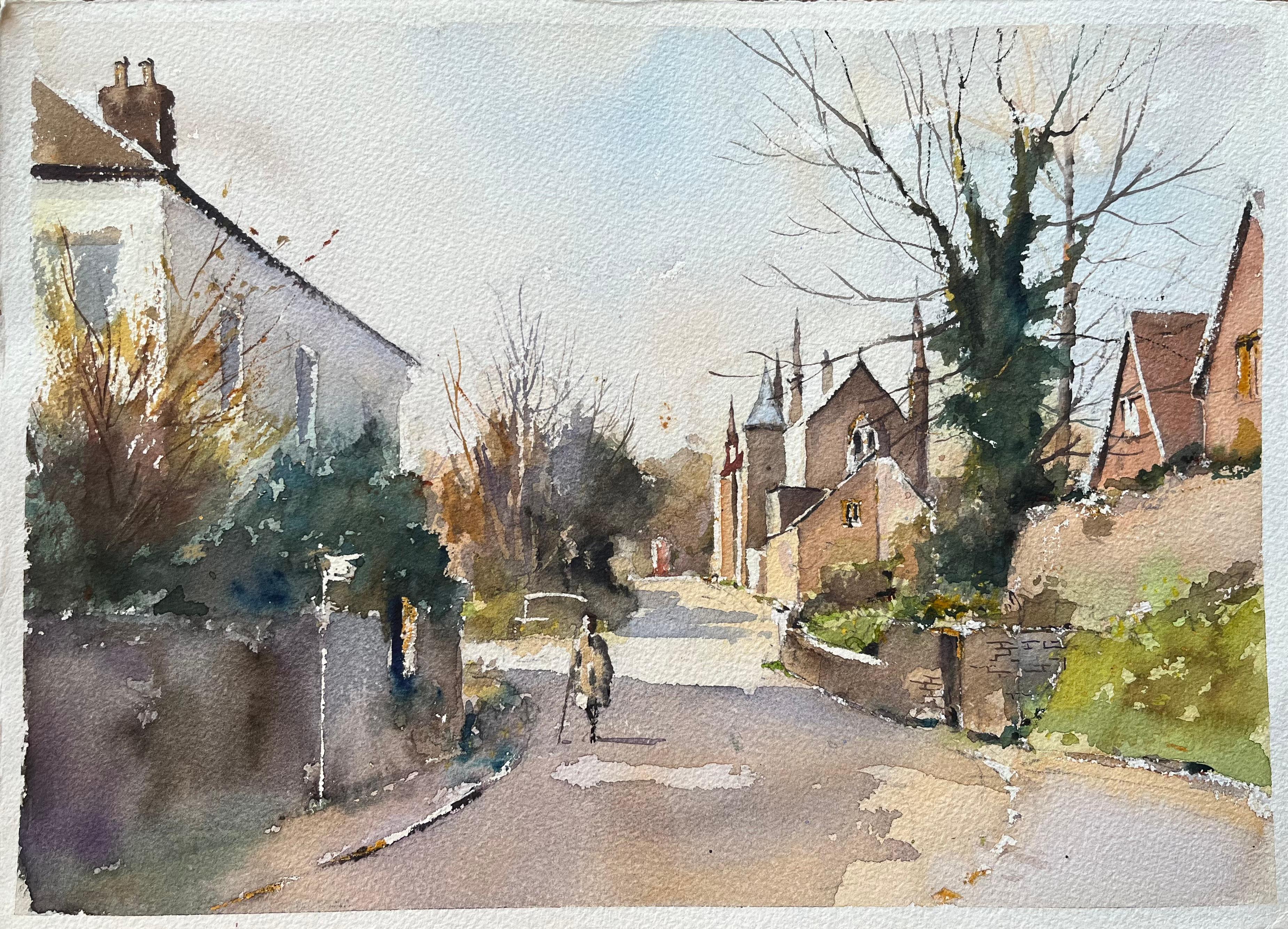 Anthony Avery Landscape Painting – Britischer Impressionist Aquarell einer einsamen Figur zu Fuß entlang einer Dorfstraße
