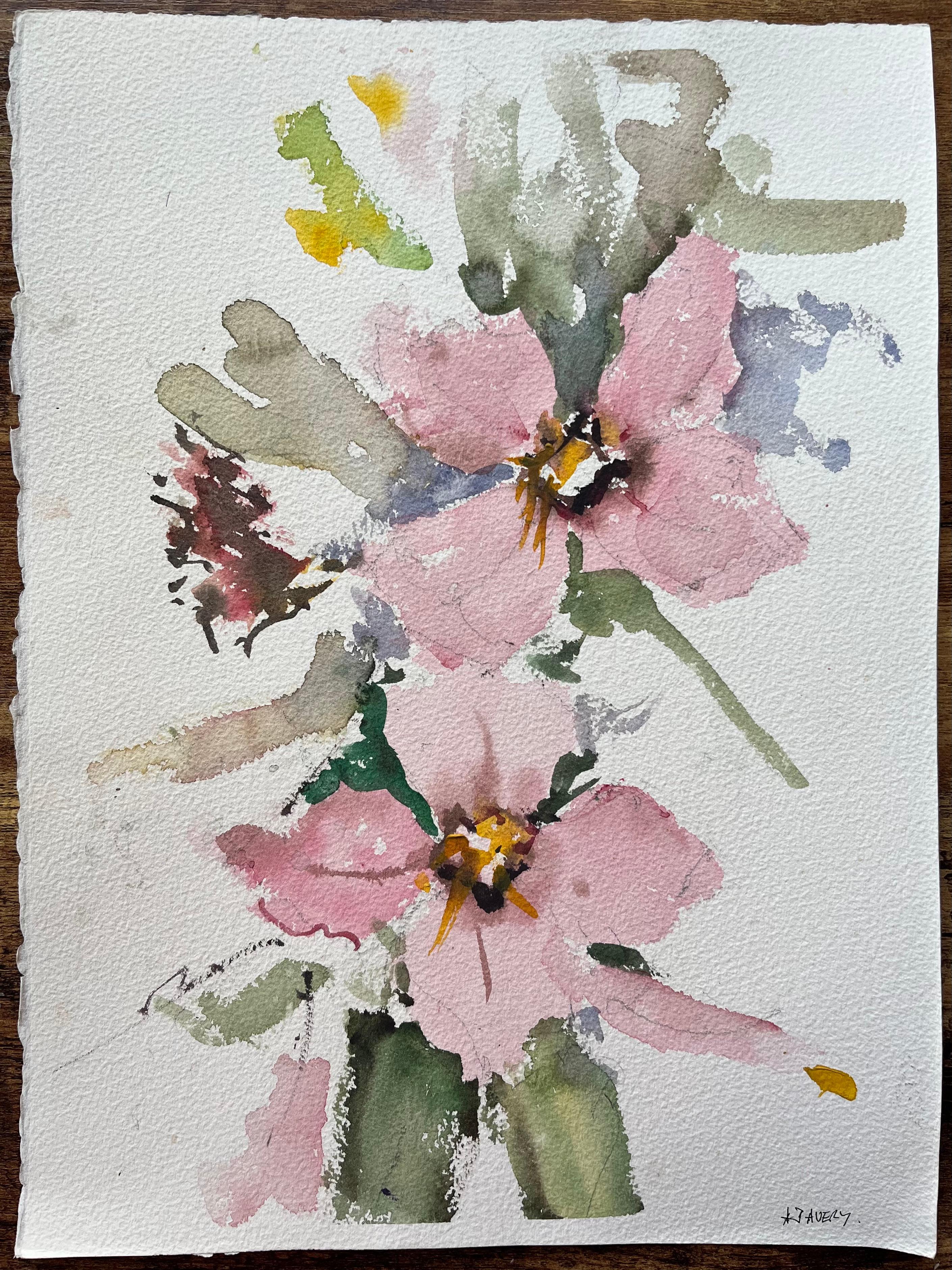 Aquarelle impressionniste britannique représentant un ensemble floral libre de fleurs roses - Painting de Anthony Avery
