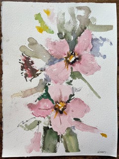 Aquarelle impressionniste britannique représentant un ensemble floral libre de fleurs roses