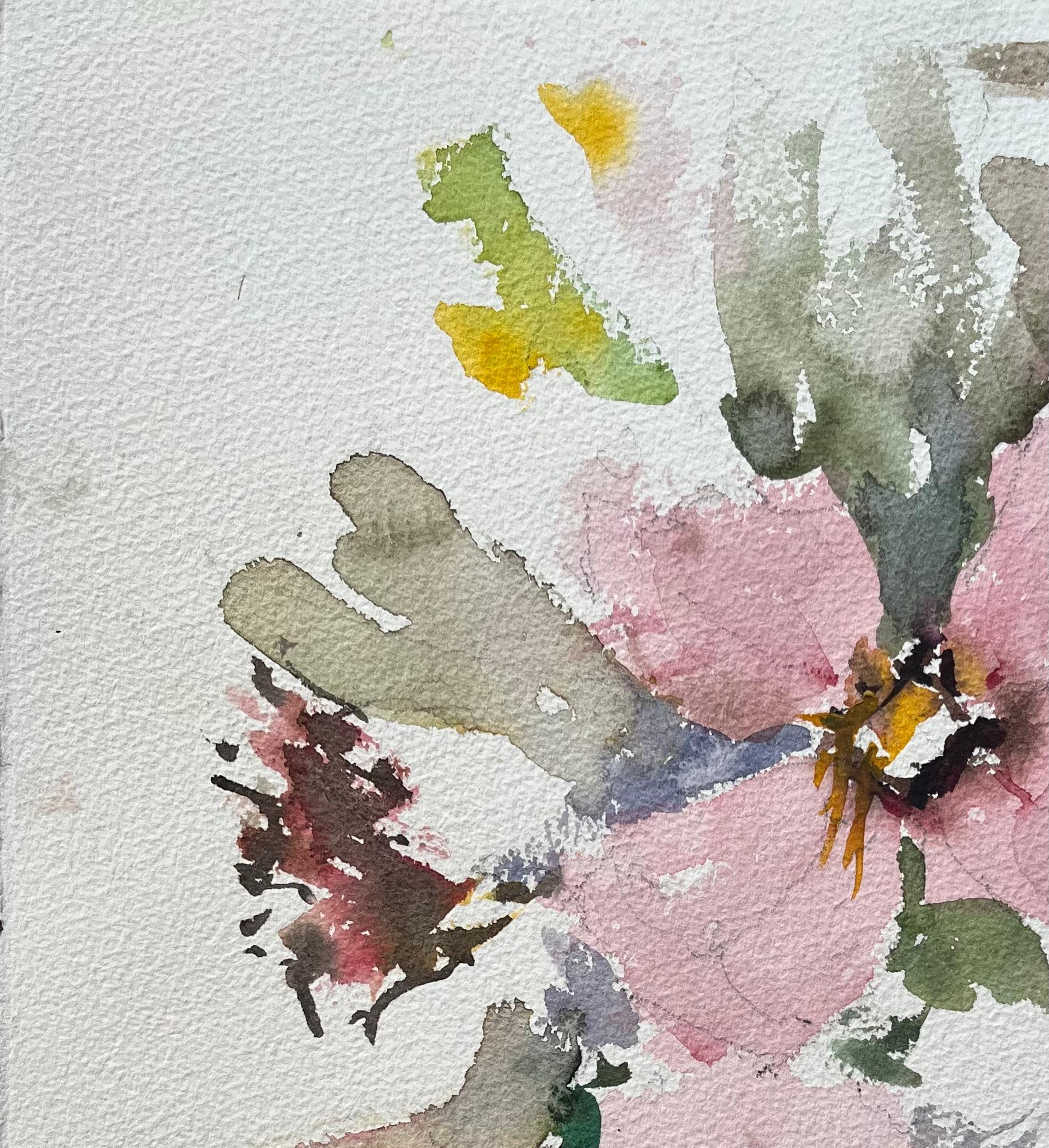 Aquarelle impressionniste britannique représentant un ensemble floral libre de fleurs roses - Gris Landscape Painting par Anthony Avery