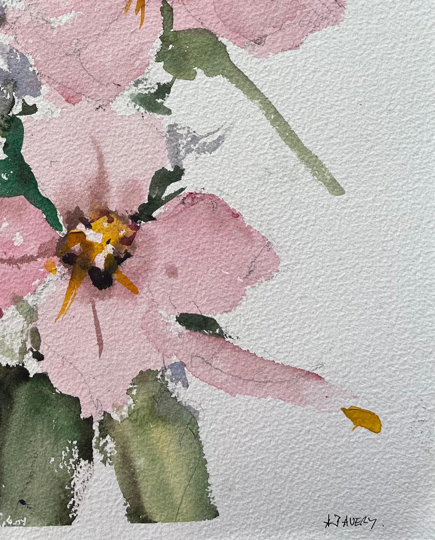 Titre : Aquarelle impressionniste britannique d'un arrangement floral libre de fleurs roses
Par Anthony Avery (britannique 1946-2023)
Aquarelle originale sur papier d'artiste, non encadrée
Signé : Oui
Dimensions : 15.25 x 11.25 pouces (Hauteur x