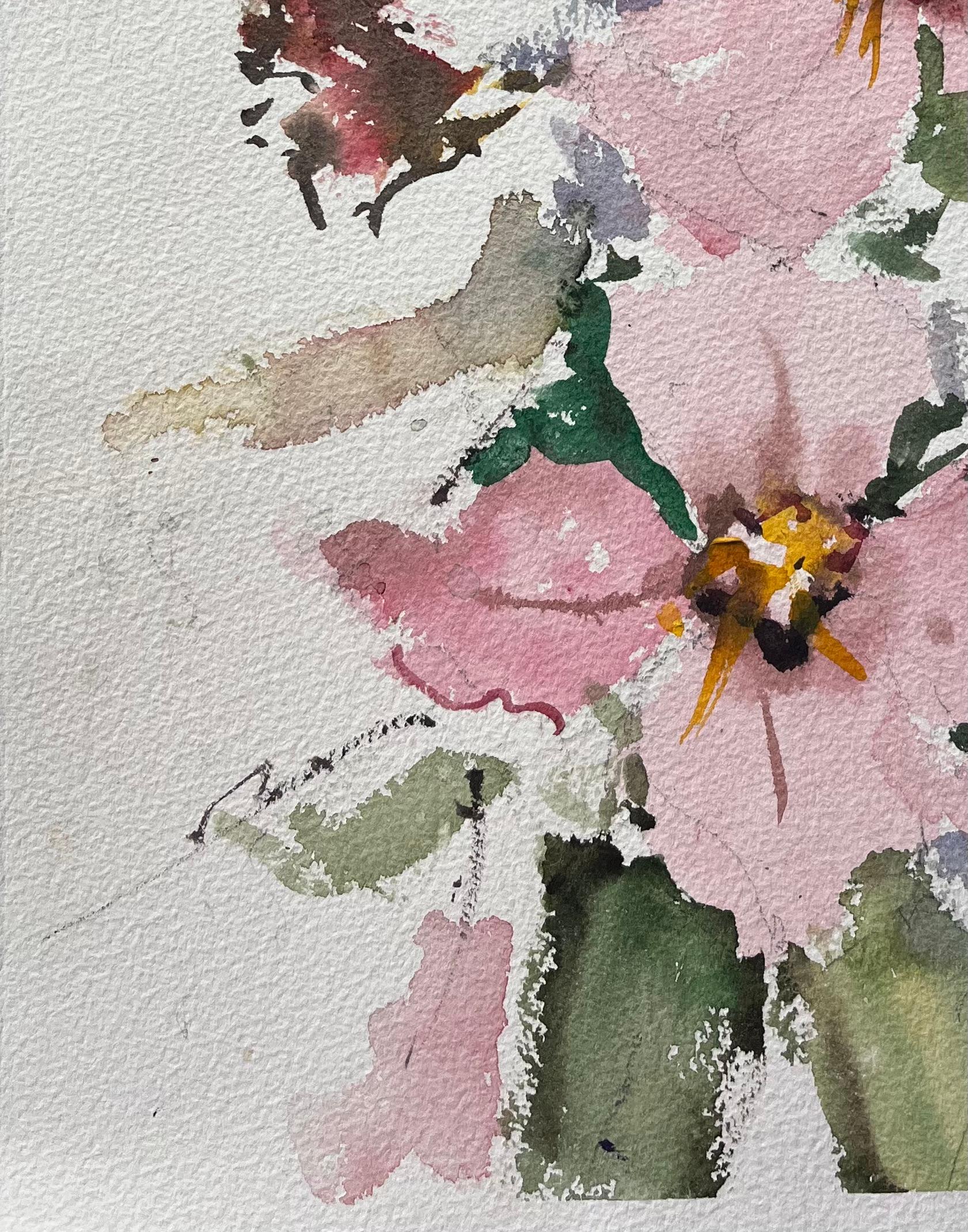 Aquarelle impressionniste britannique représentant un ensemble floral libre de fleurs roses en vente 1