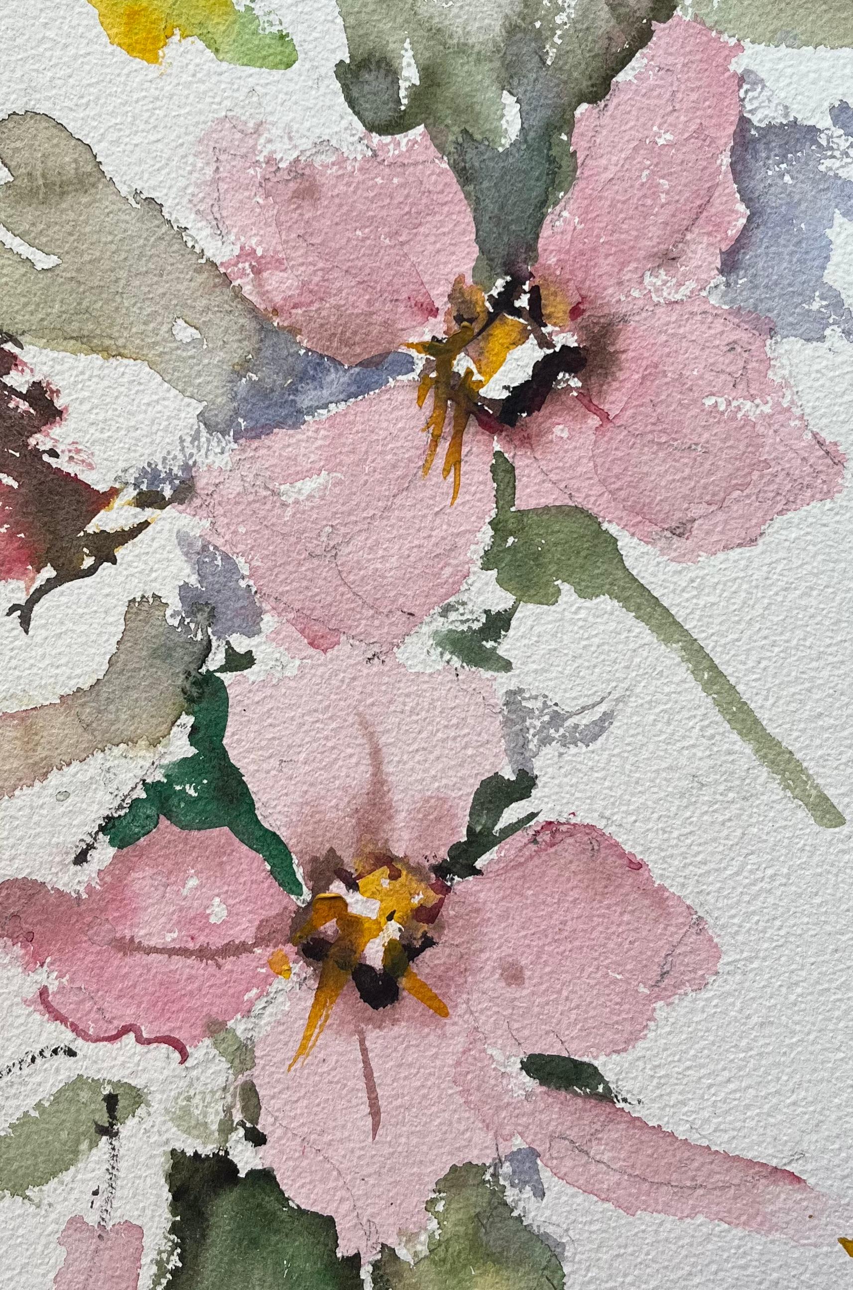 Aquarelle impressionniste britannique représentant un ensemble floral libre de fleurs roses en vente 2