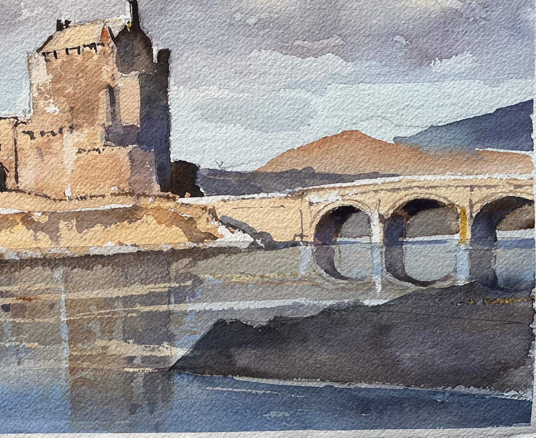 Britisches impressionistisches Aquarell des Schlosses Eilean Donan, Schottland (Grau), Landscape Painting, von Anthony Avery