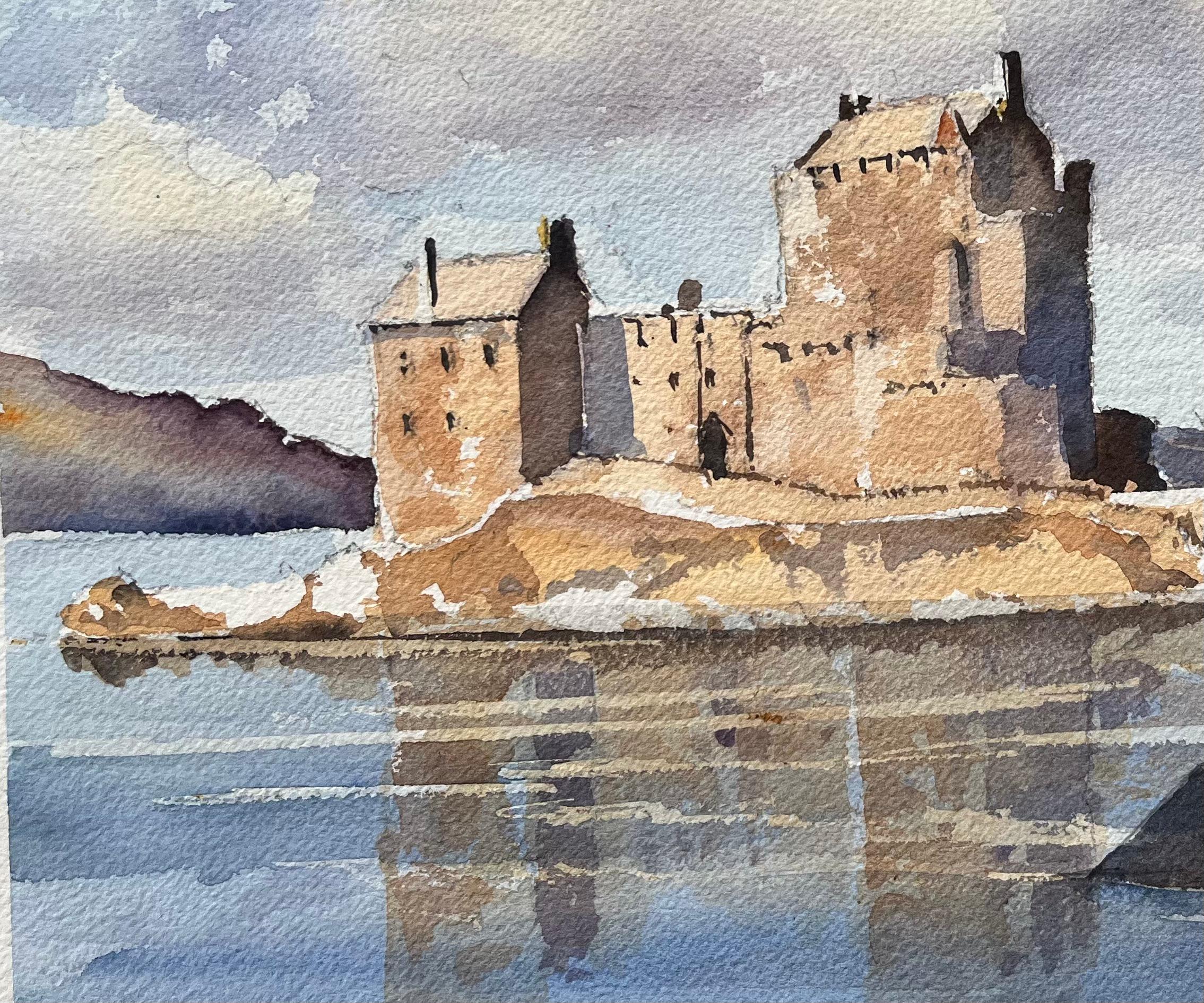 Titel: Eilean Donan Castle, Schottland (mit weiterer Abbildung auf der Rückseite)
Von Anthony Avery (Brite 1946-2023)
Original-Aquarell auf Künstlerpapier, ungerahmt
Abmessungen: 11,25 x 15 Zoll (Höhe x Breite)
Zustand: Gut, mit leichten