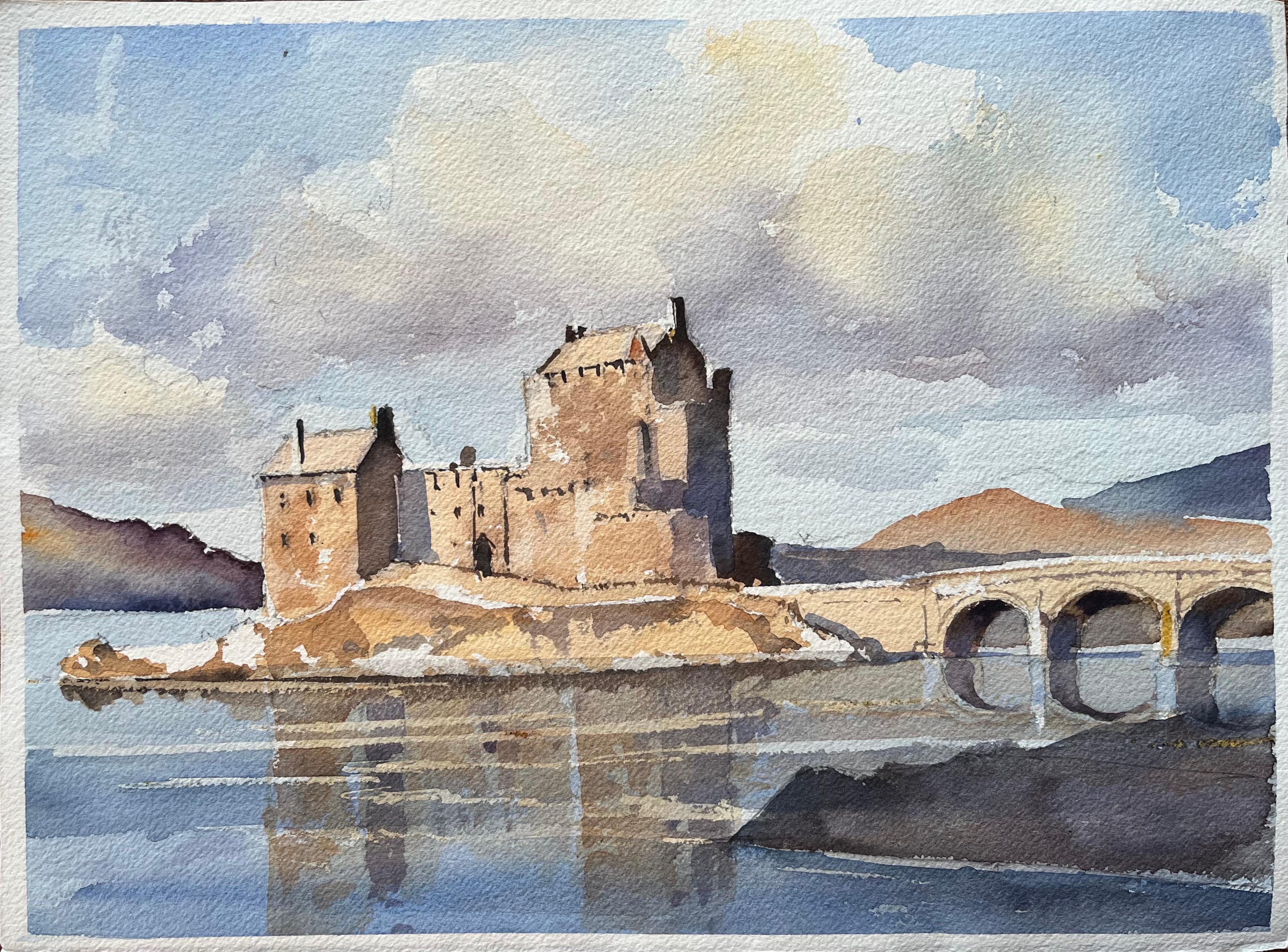 Britisches impressionistisches Aquarell des Schlosses Eilean Donan, Schottland
