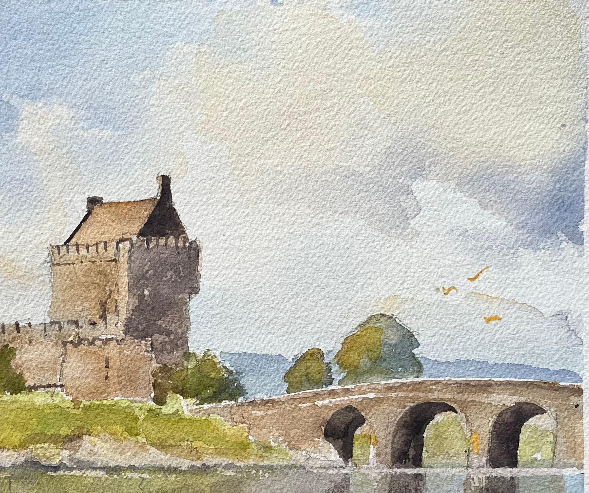 British Impressionist Watercolor of Eilean Donan Castle Scotland (Grau), Landscape Painting, von Anthony Avery