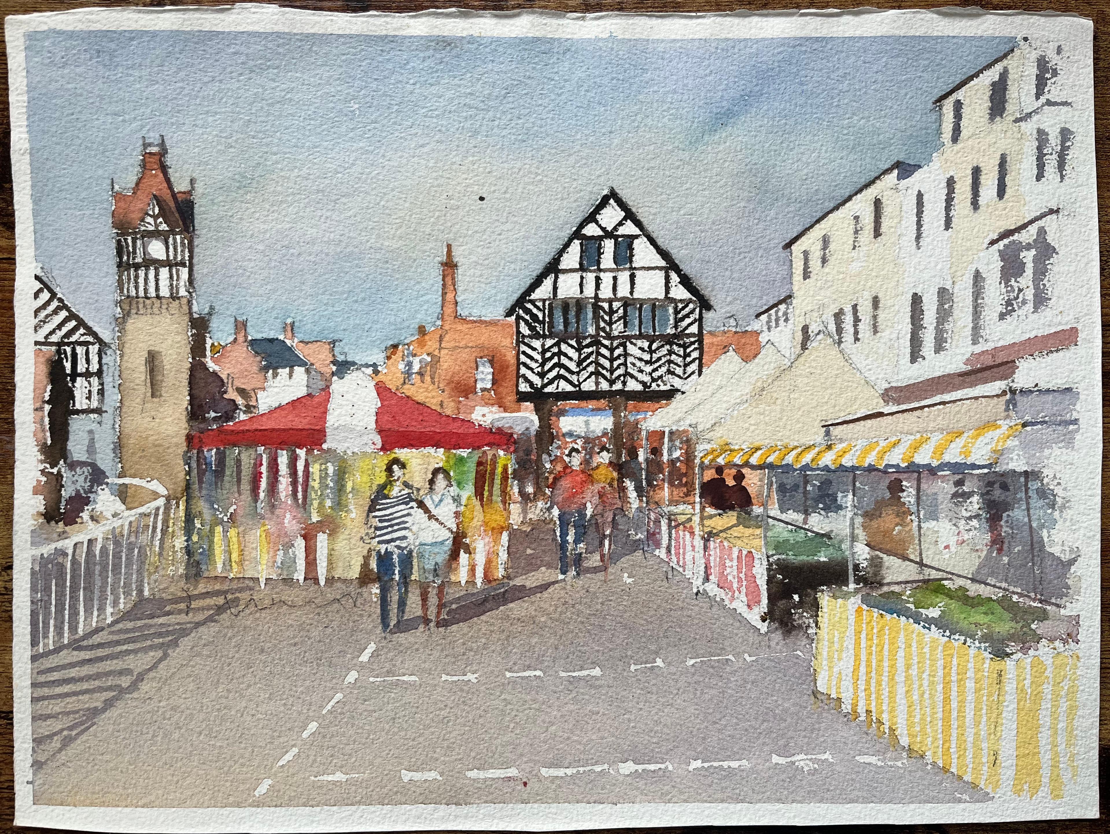 Acuarela impresionista británica de una escena de un mercado con arquitectura Tudor - Painting de Anthony Avery