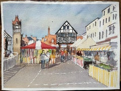 British Impressionist Watercolor of a Market Town Scene with Tudor Architecture