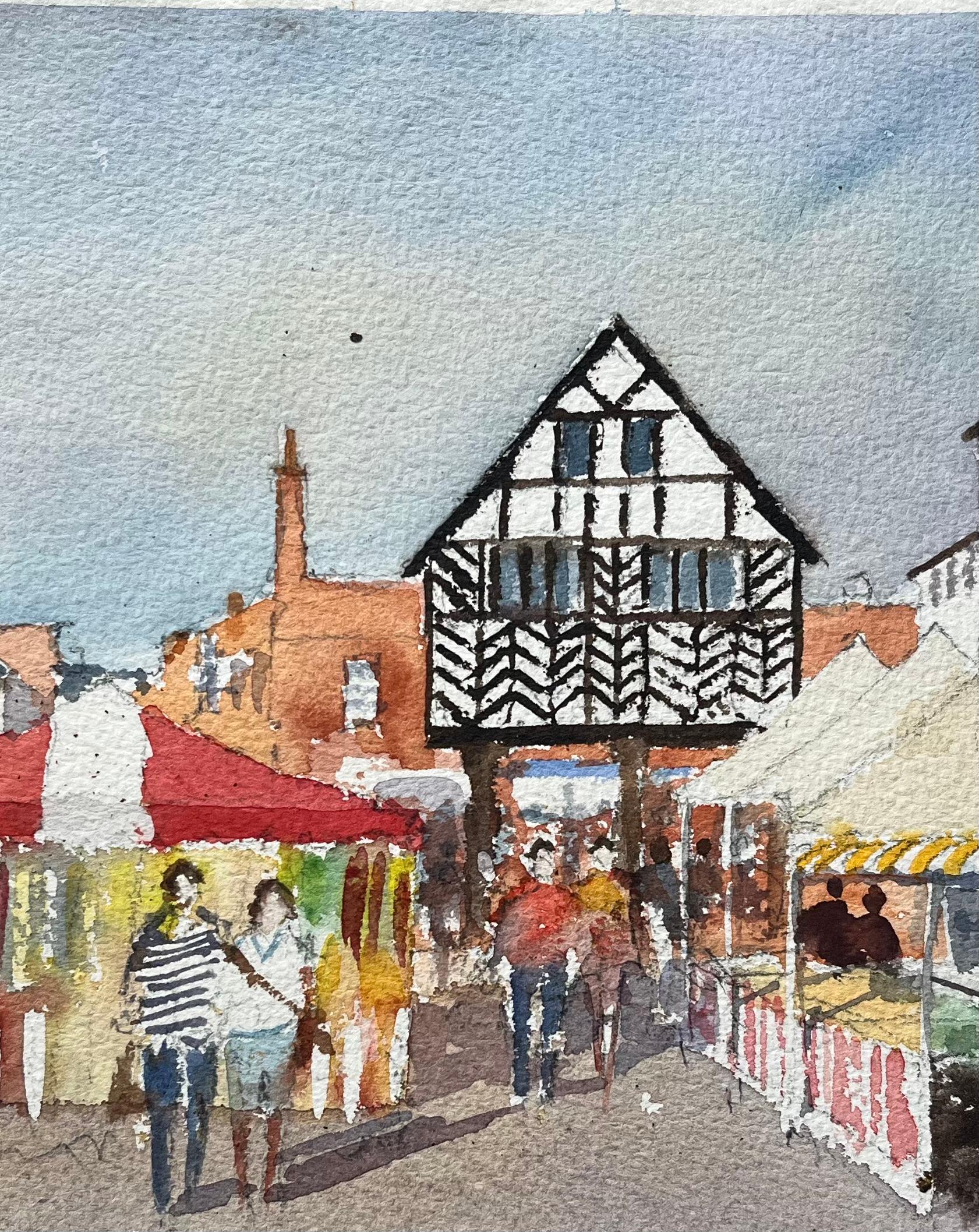 Acuarela impresionista británica de una escena de un mercado con arquitectura Tudor - Painting Impresionista de Anthony Avery