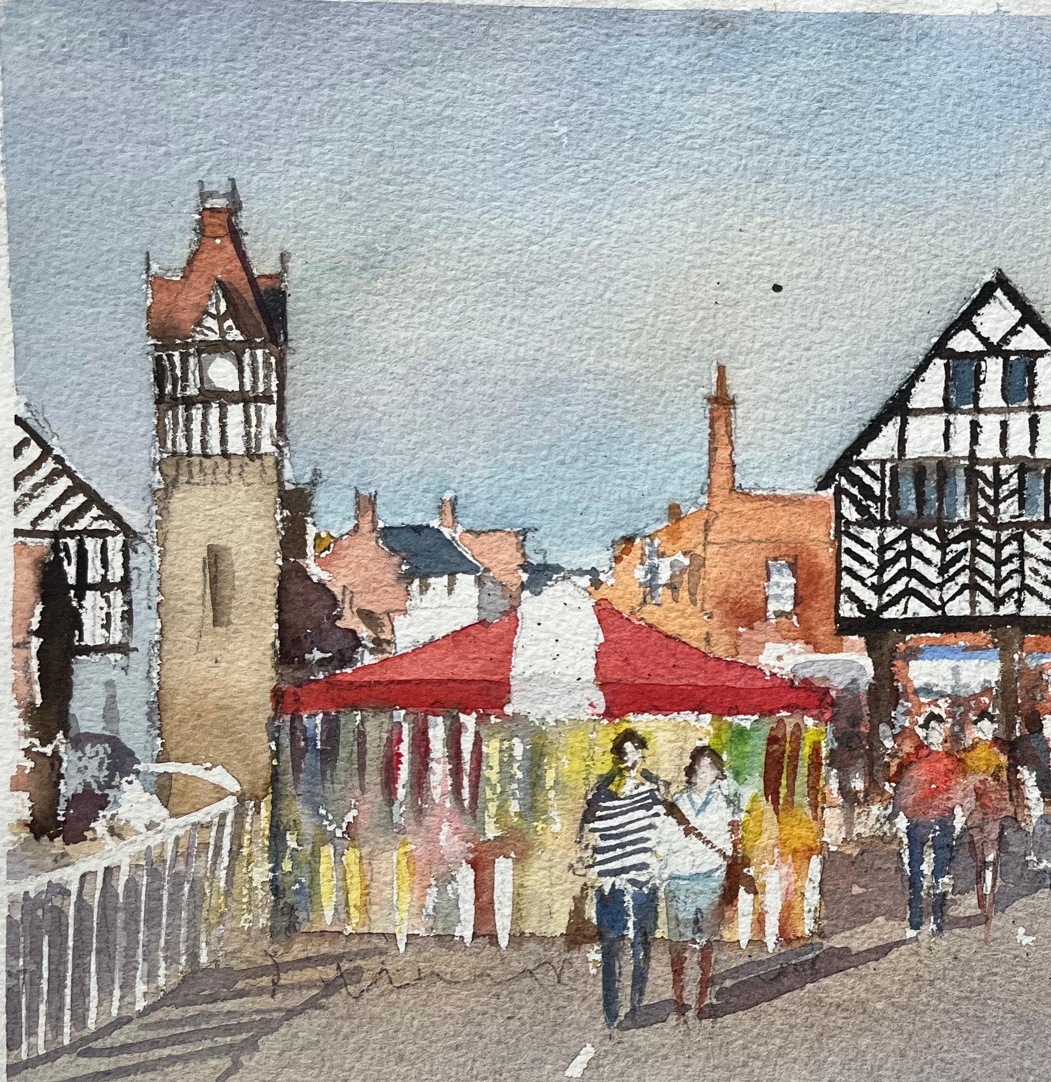 Acuarela impresionista británica de una escena de un mercado con arquitectura Tudor - Landscape Painting Gris de Anthony Avery