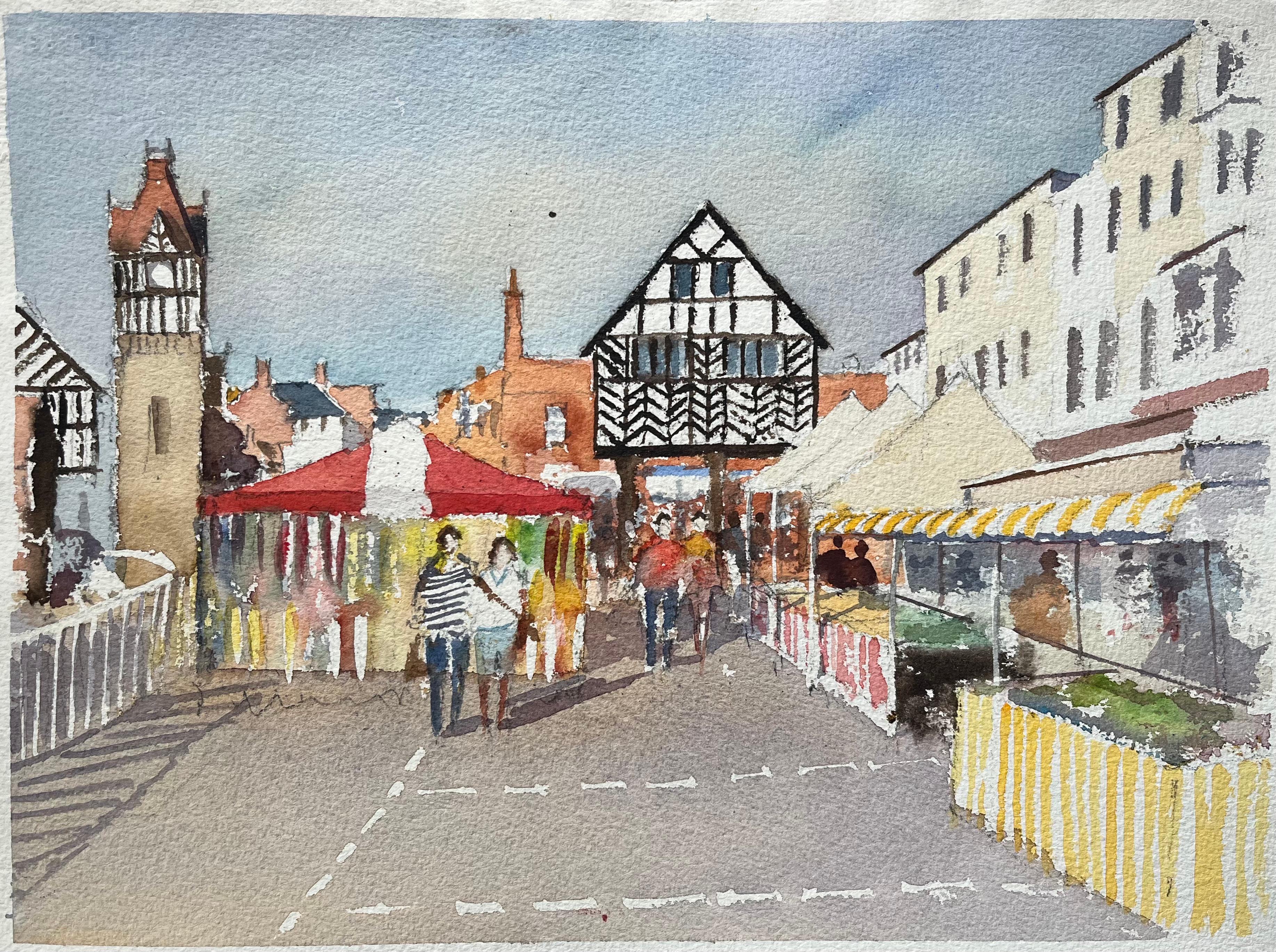Landscape Painting de Anthony Avery - Acuarela impresionista británica de una escena de un mercado con arquitectura Tudor