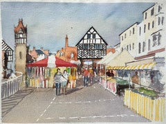 British Impressionist Watercolor of a Market Town Scene with Tudor Architecture