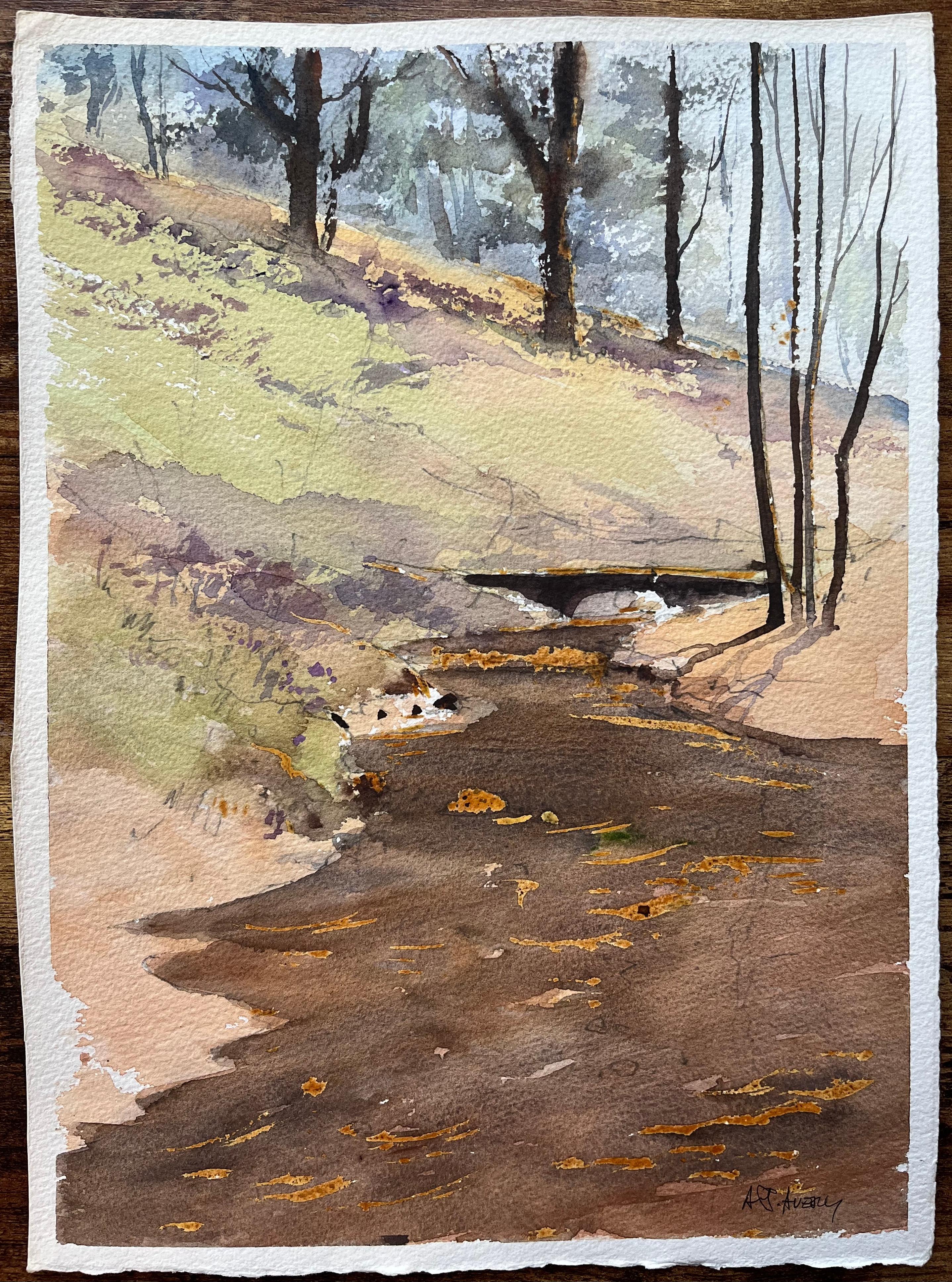 Aquarelle impressionniste britannique d'un ruisseau meanderant à travers des bois éclairés - Painting de Anthony Avery