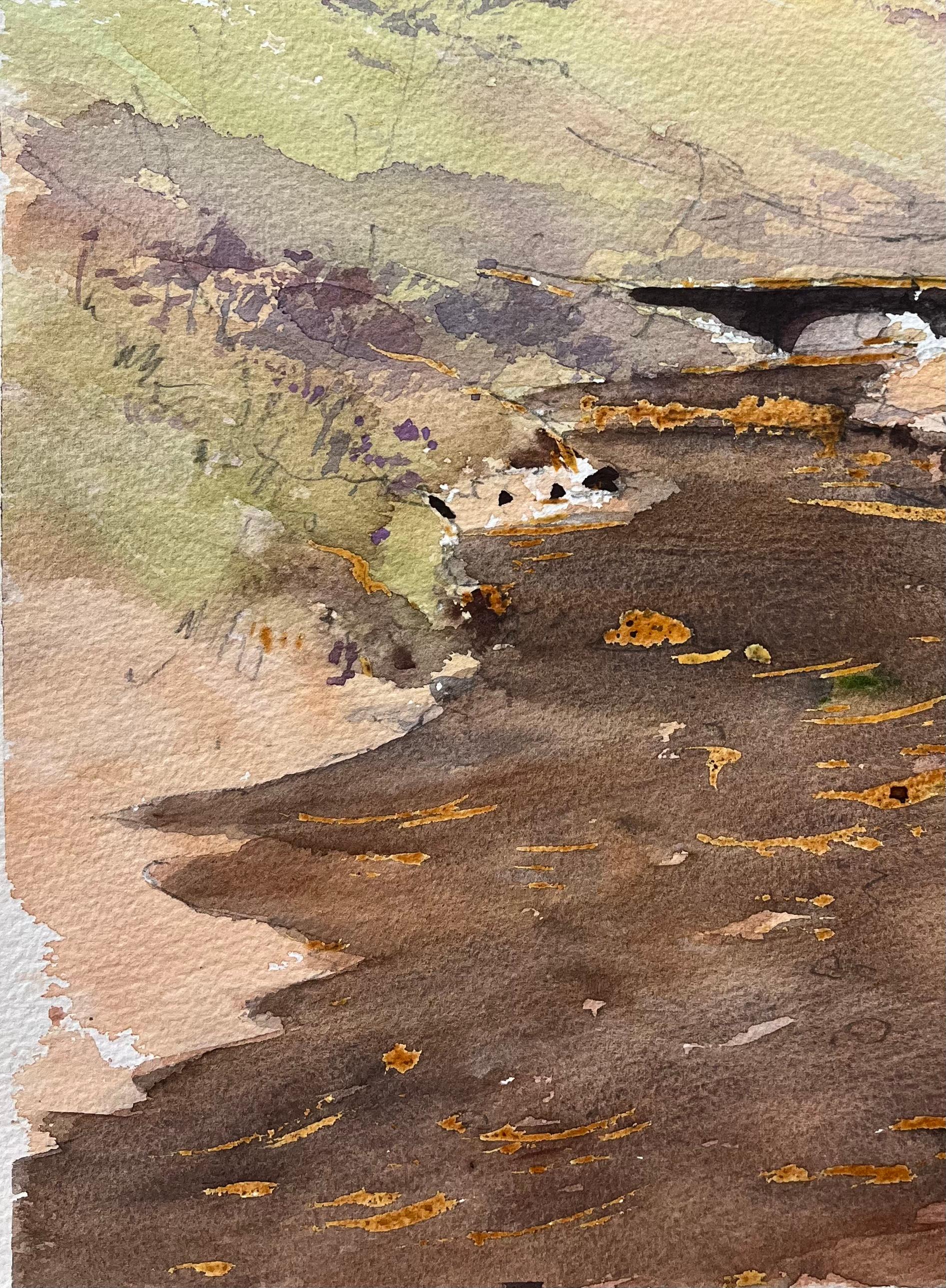 Titre : Aquarelle impressionniste britannique d'un ruisseau serpentant à travers des bois éclairés par le soleil
Par Anthony Avery (britannique 1946-2023)
Aquarelle originale sur papier d'artiste, non encadrée
Signé : Oui
Dimensions : 15.25 x 11