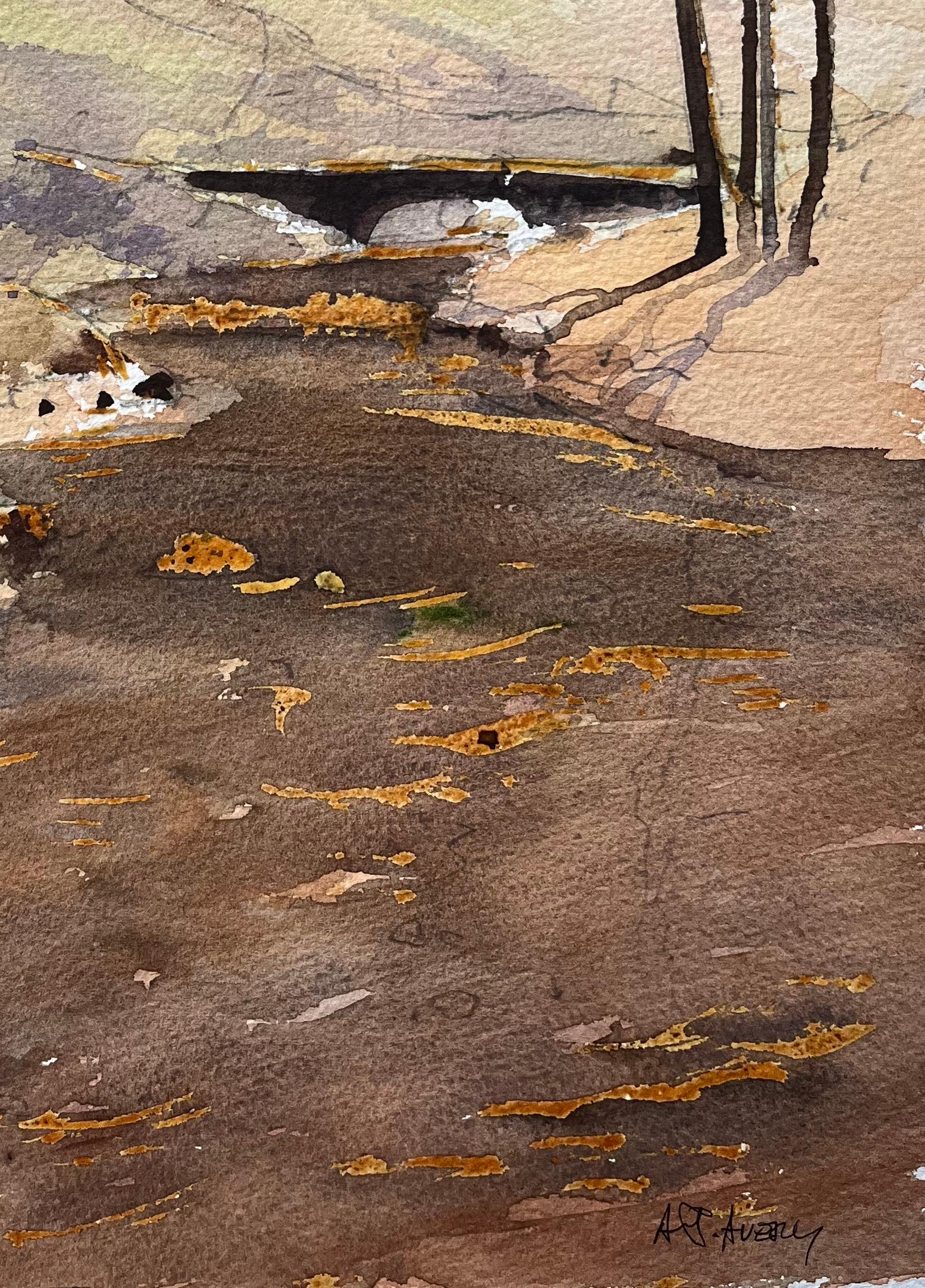 Aquarelle impressionniste britannique d'un ruisseau meanderant à travers des bois éclairés en vente 1