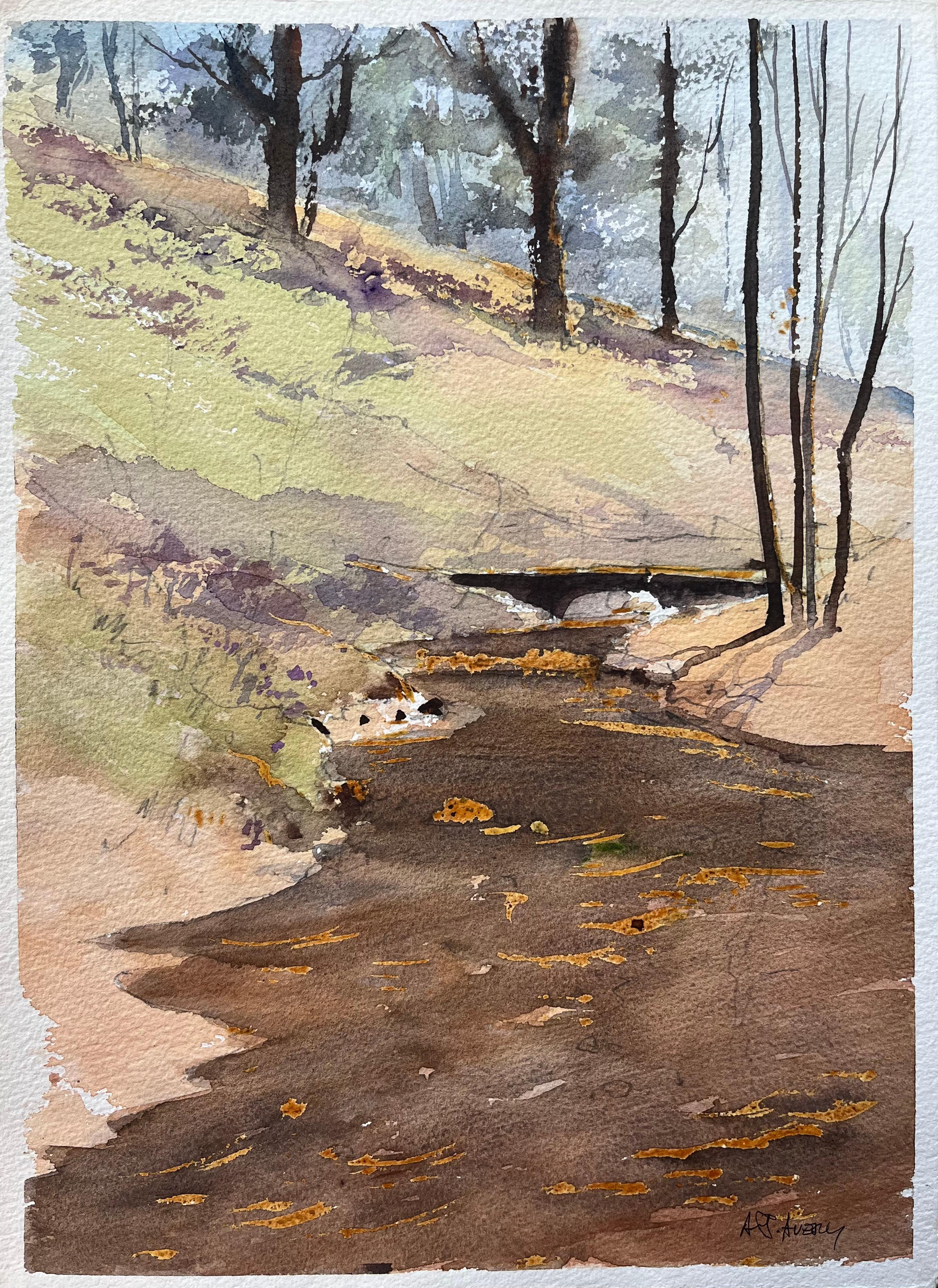 Britisches impressionistisches Aquarell eines sich schlängelnden Stromes durch sonnenbeschienenene Hölzer