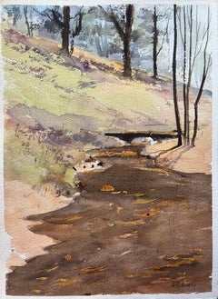 Britisches impressionistisches Aquarell eines sich schlängelnden Stromes durch sonnenbeschienenene Hölzer