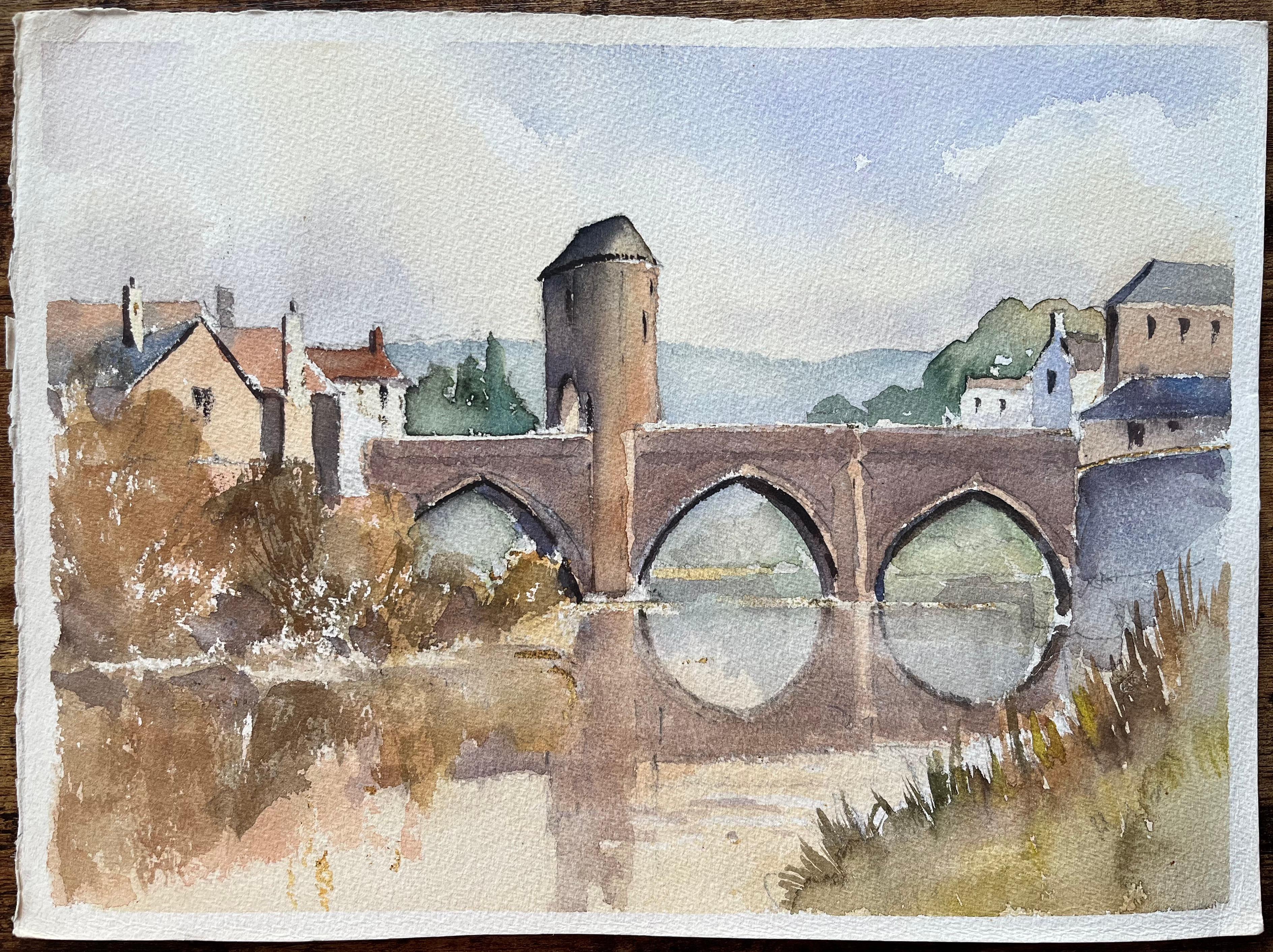 Britisches impressionistisches Aquarell einer mittelalterlichen Brücke über einem heiteren Fluss – Painting von Anthony Avery