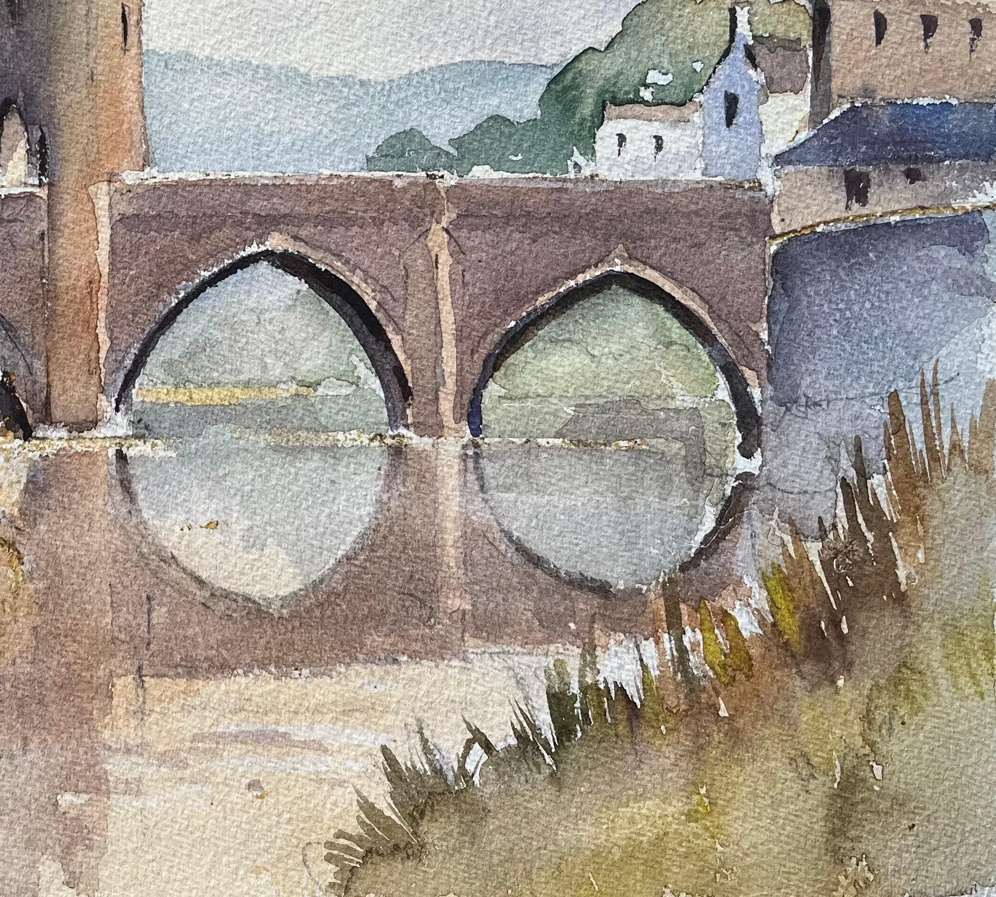 Britisches impressionistisches Aquarell einer mittelalterlichen Brücke über einem heiteren Fluss (Impressionismus), Painting, von Anthony Avery