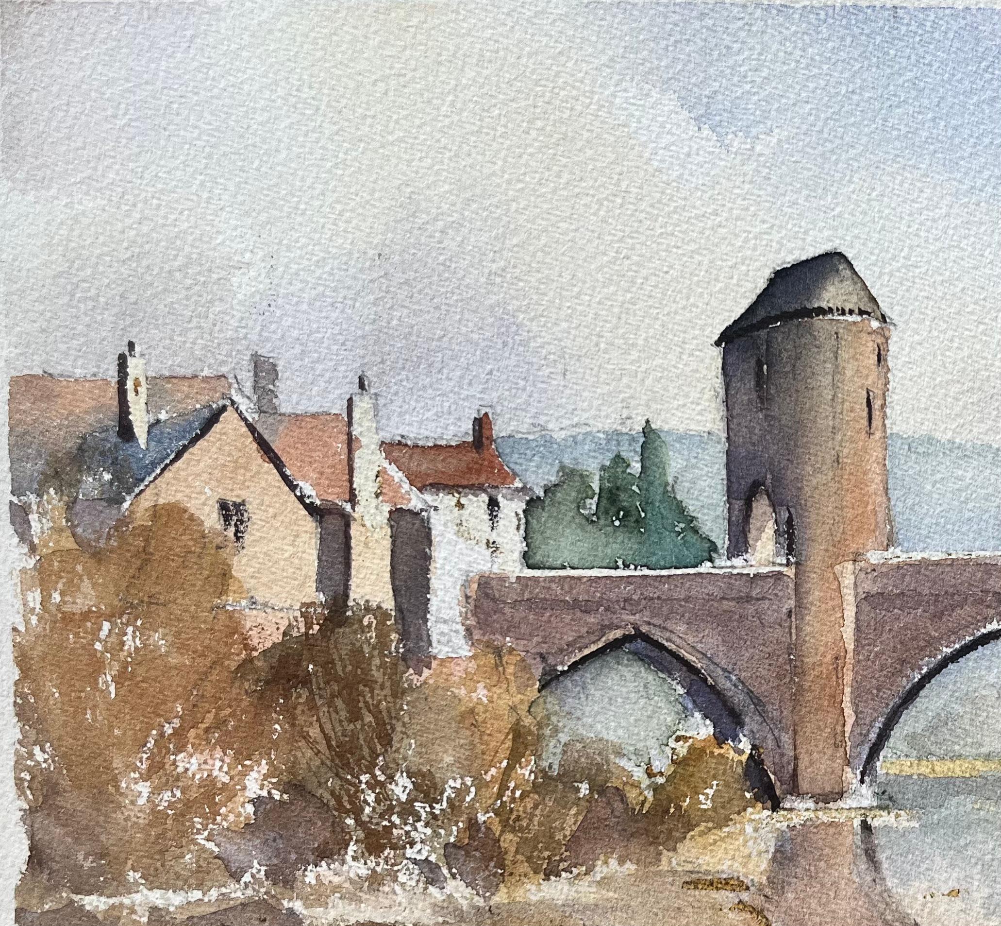 Britisches impressionistisches Aquarell einer mittelalterlichen Brücke über einem heiteren Fluss im Angebot 1