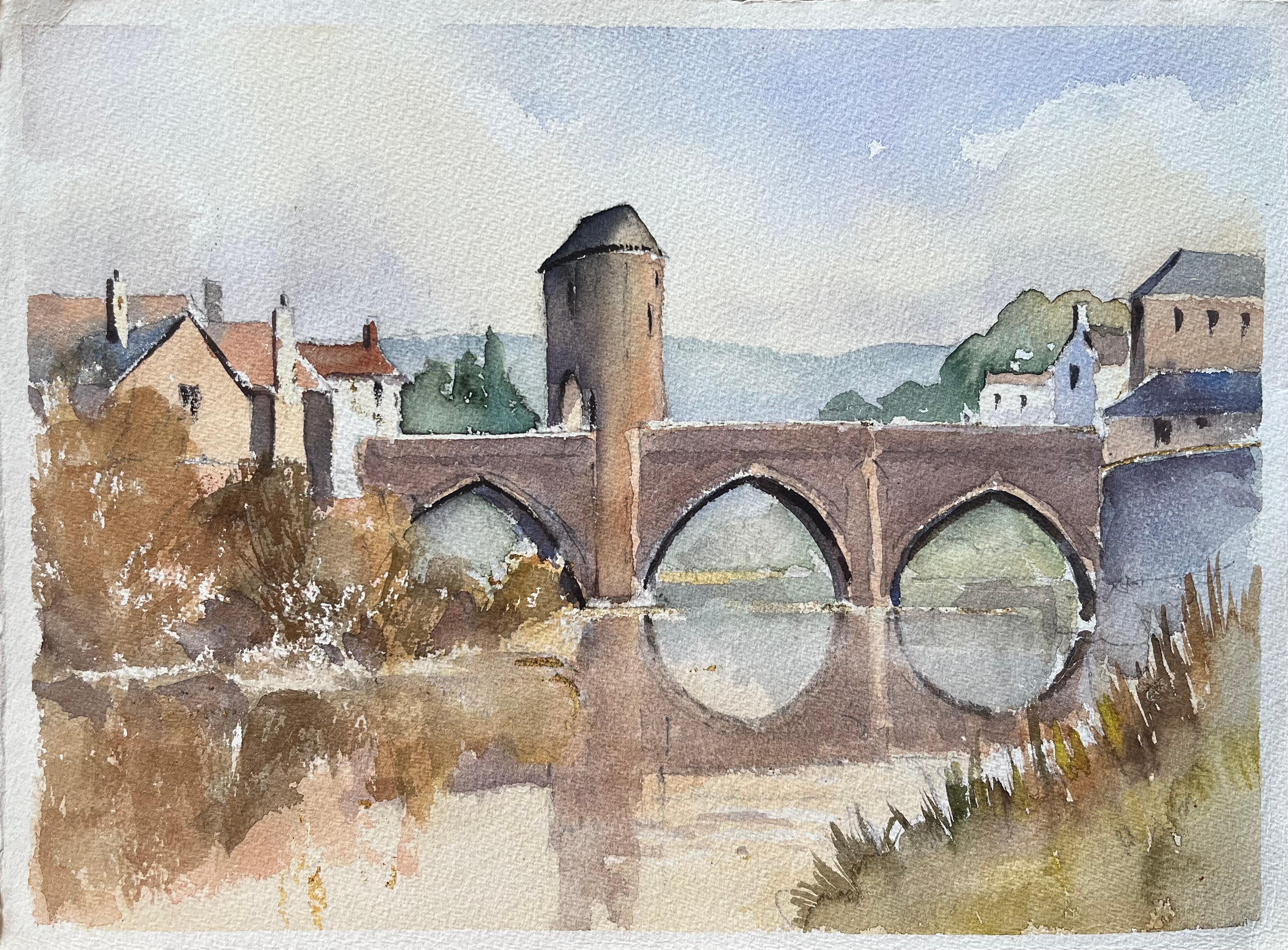 Britisches impressionistisches Aquarell einer mittelalterlichen Brücke über einem heiteren Fluss