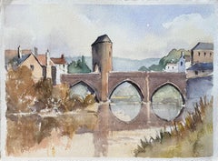 Britisches impressionistisches Aquarell einer mittelalterlichen Brücke über einem heiteren Fluss