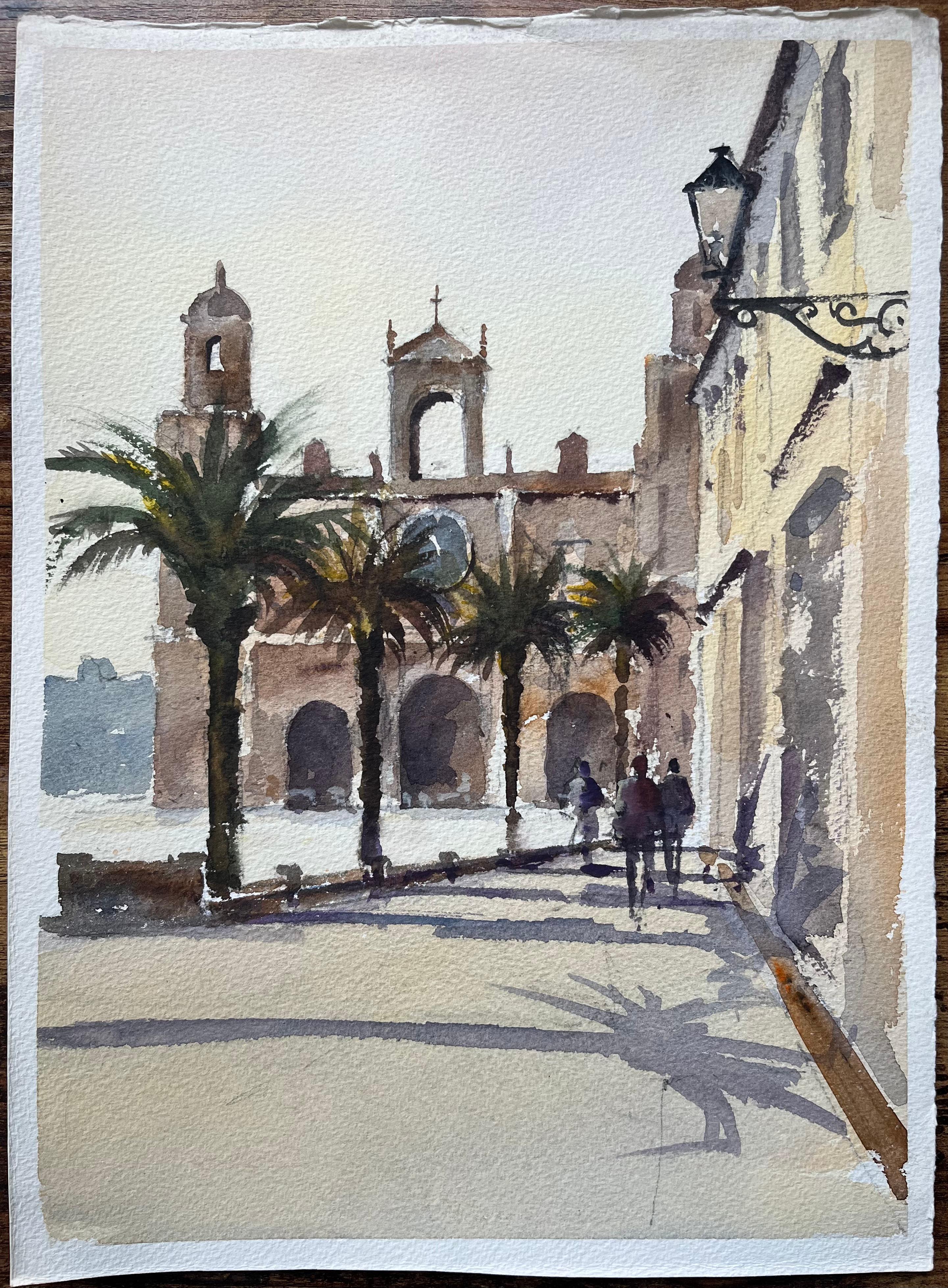 Britisches impressionistisches Aquarell einer mediterranen Plaza mit Figuren aus dem Mittelmeerraum – Painting von Anthony Avery