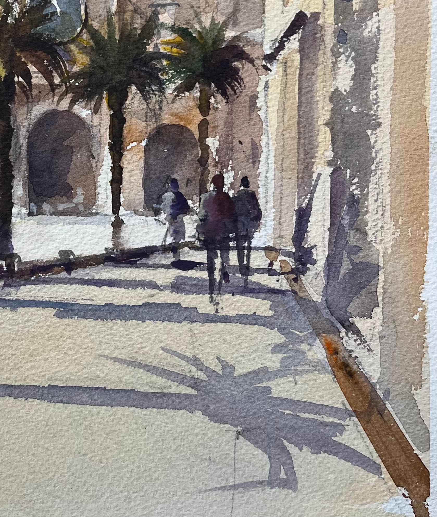 Britisches impressionistisches Aquarell einer mediterranen Plaza mit Figuren aus dem Mittelmeerraum (Impressionismus), Painting, von Anthony Avery