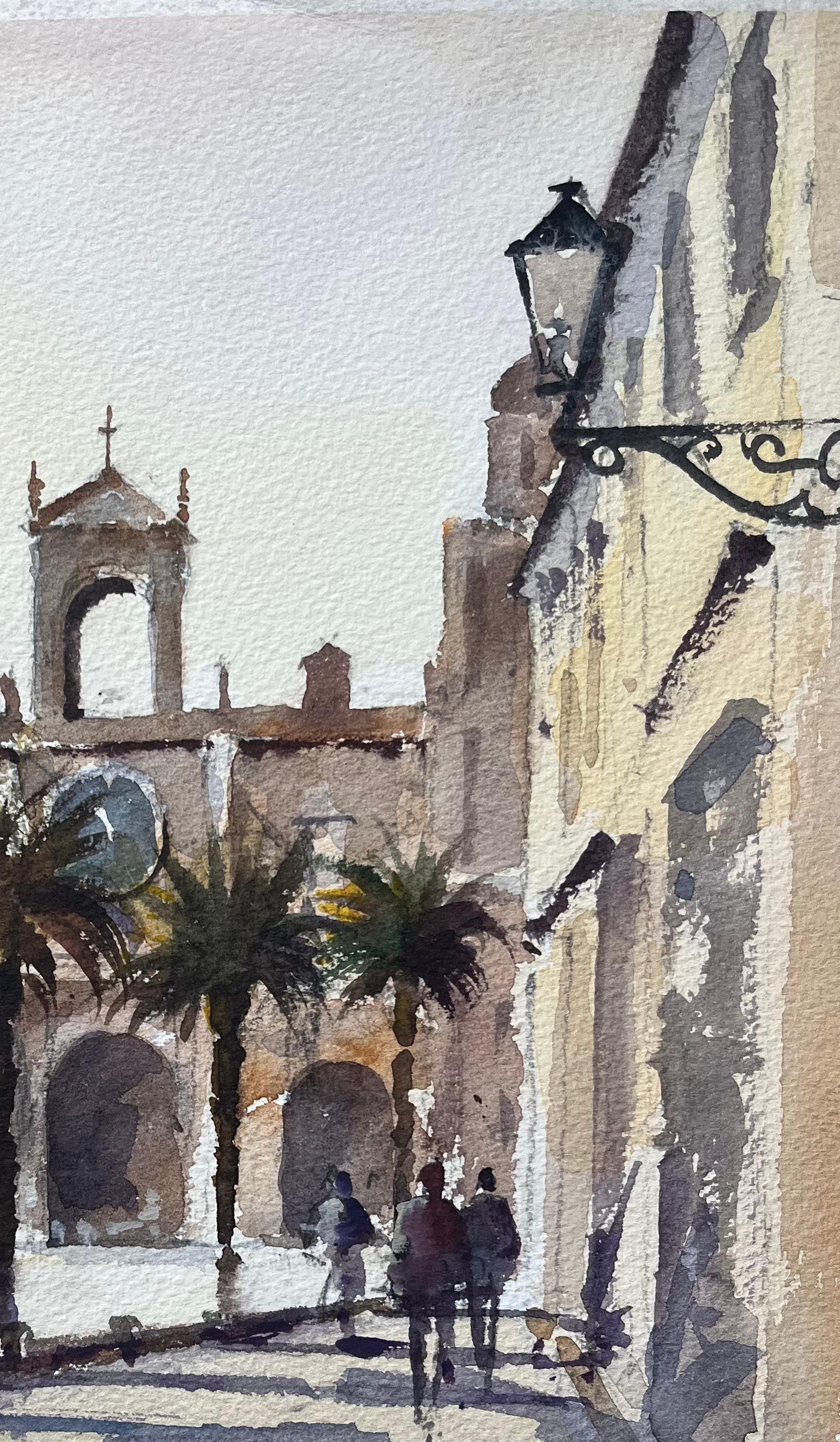 Britisches impressionistisches Aquarell einer mediterranen Plaza mit Figuren aus dem Mittelmeerraum (Grau), Landscape Painting, von Anthony Avery