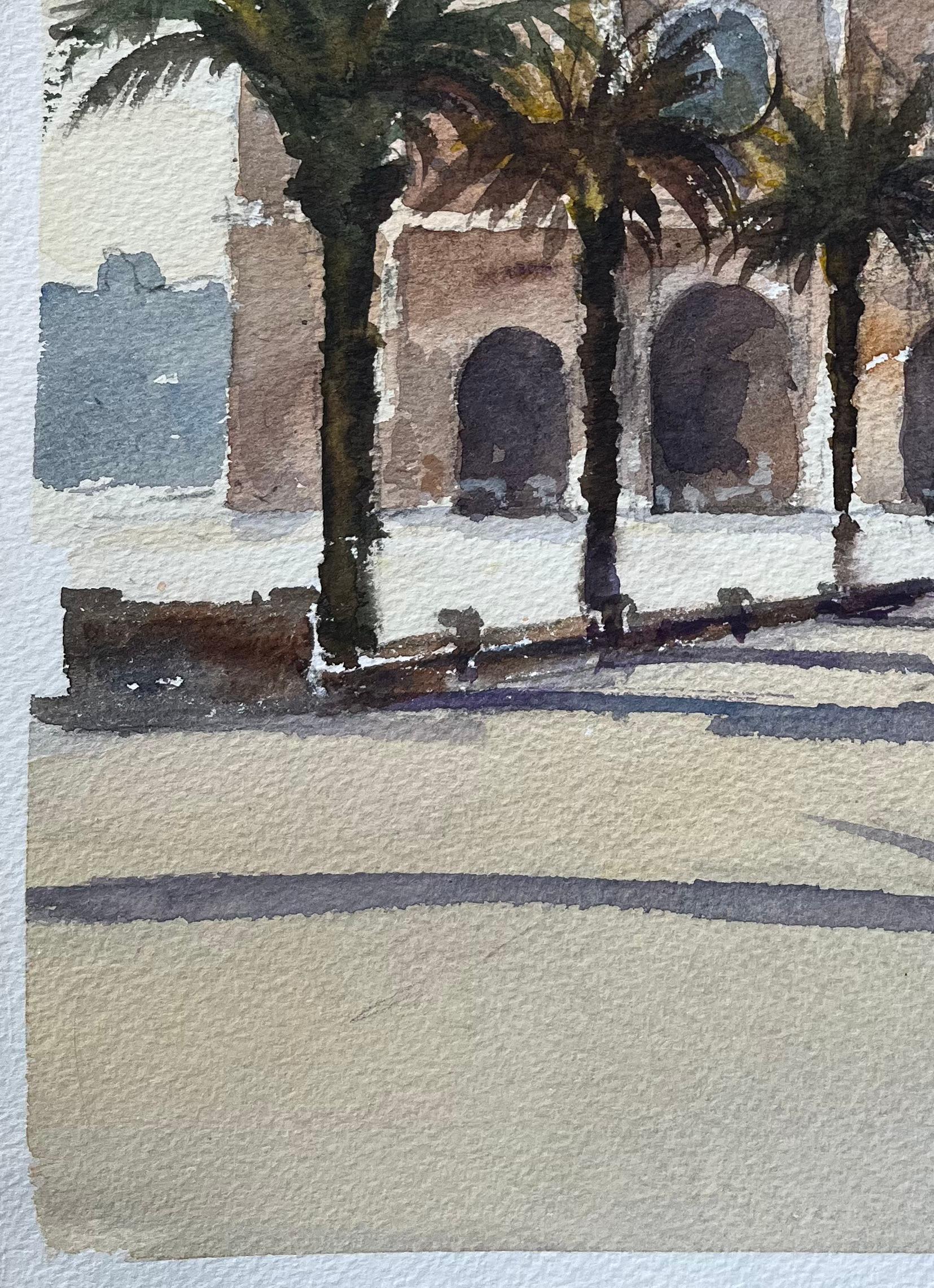 Britisches impressionistisches Aquarell einer mediterranen Plaza mit Figuren aus dem Mittelmeerraum im Angebot 1