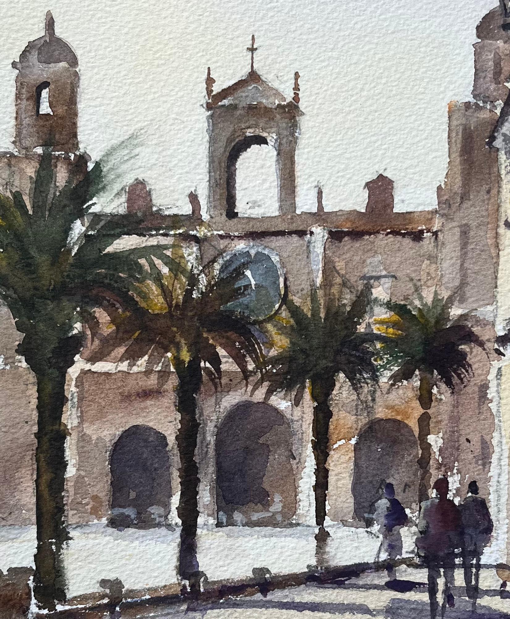 Britisches impressionistisches Aquarell einer mediterranen Plaza mit Figuren aus dem Mittelmeerraum im Angebot 2