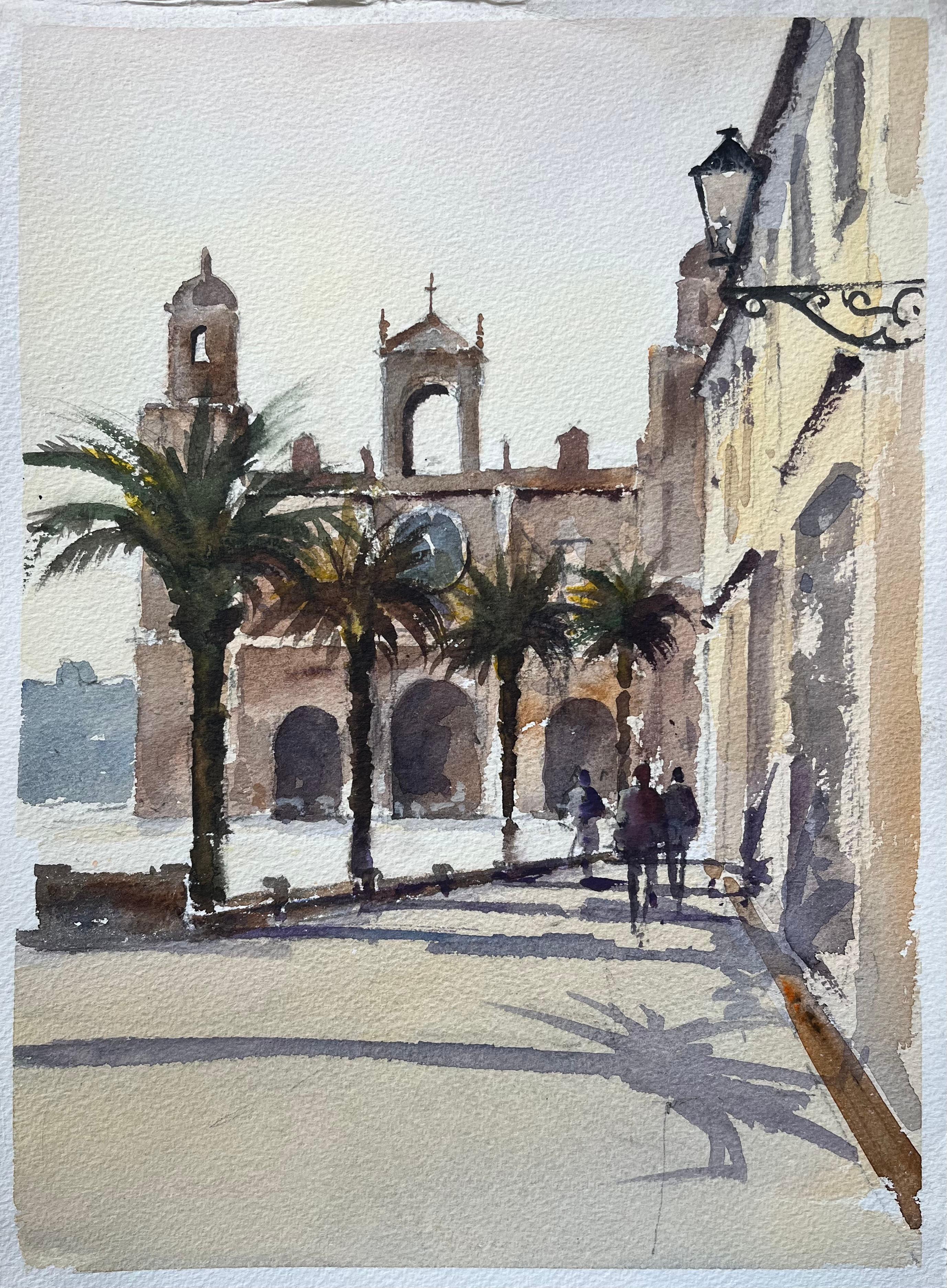 Britisches impressionistisches Aquarell einer mediterranen Plaza mit Figuren aus dem Mittelmeerraum