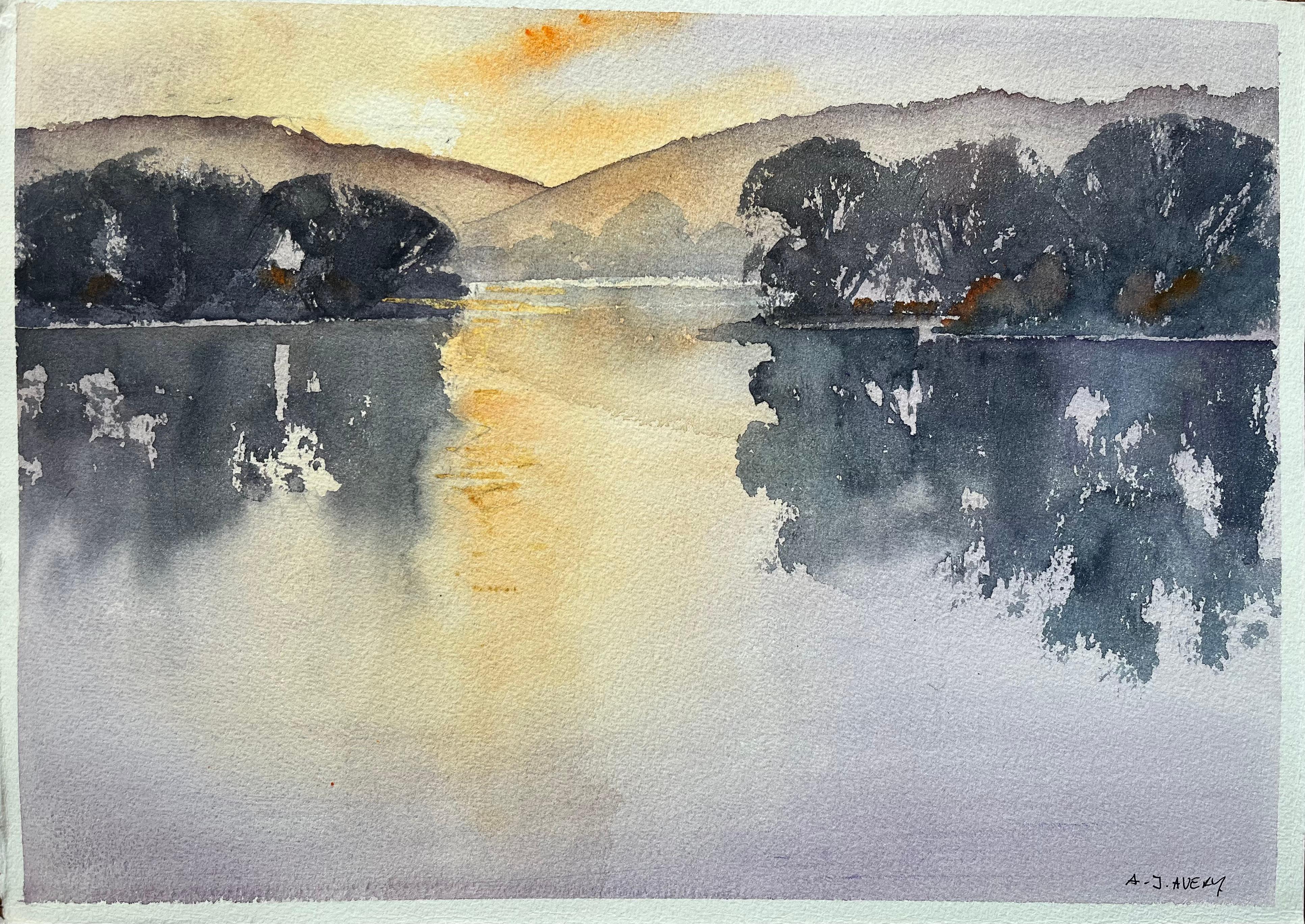 Landscape Painting de Anthony Avery - Acuarela impresionista británica de un lago brumoso al atardecer