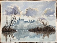 British Impressionist Watercolor of a Misty River and Spire Silhouette
